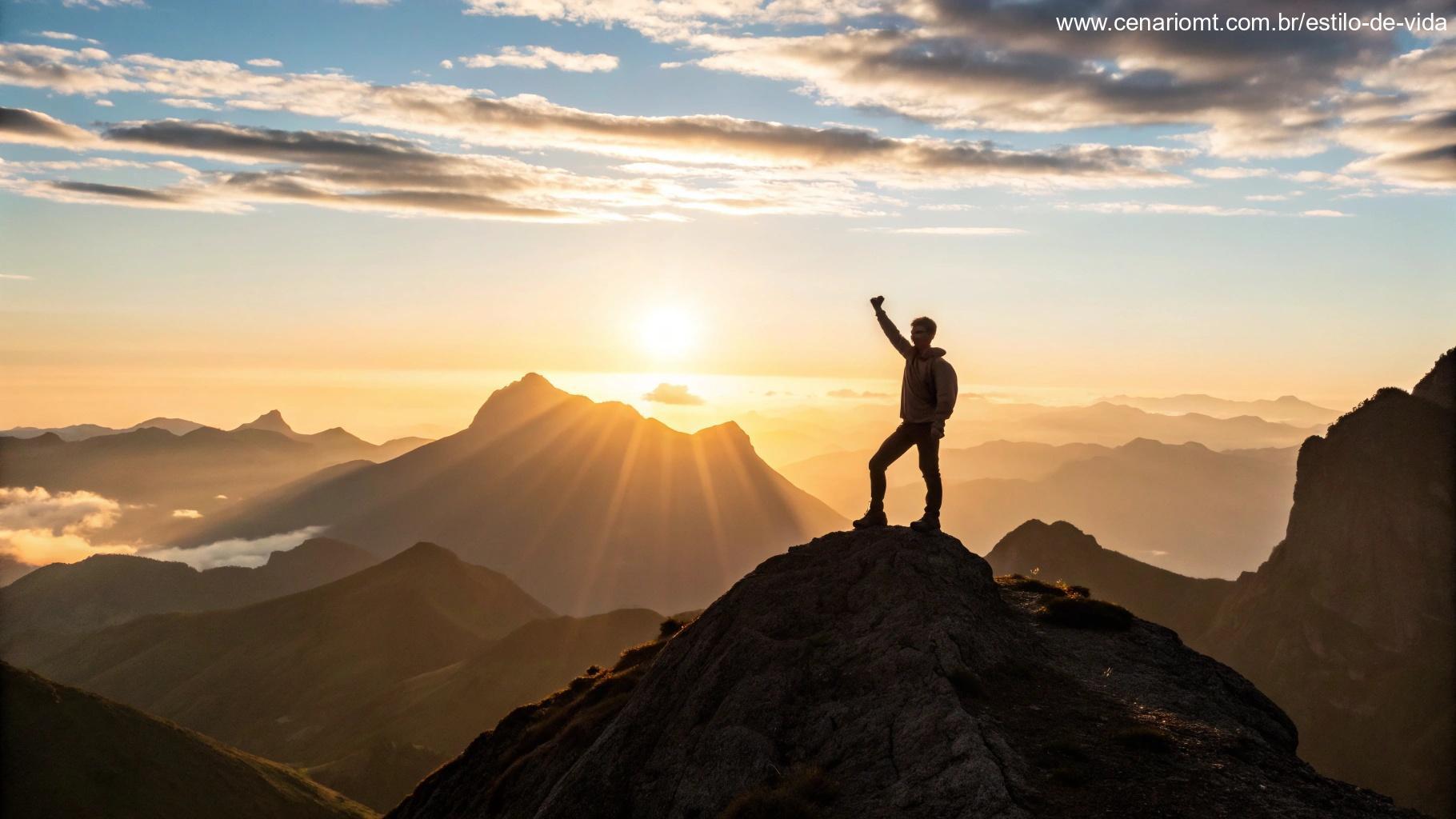Cena motivacional de uma pessoa no topo de uma montanha olhando para o nascer do sol, simbolizando força e determinação para uma quarta-feira produtiva.
