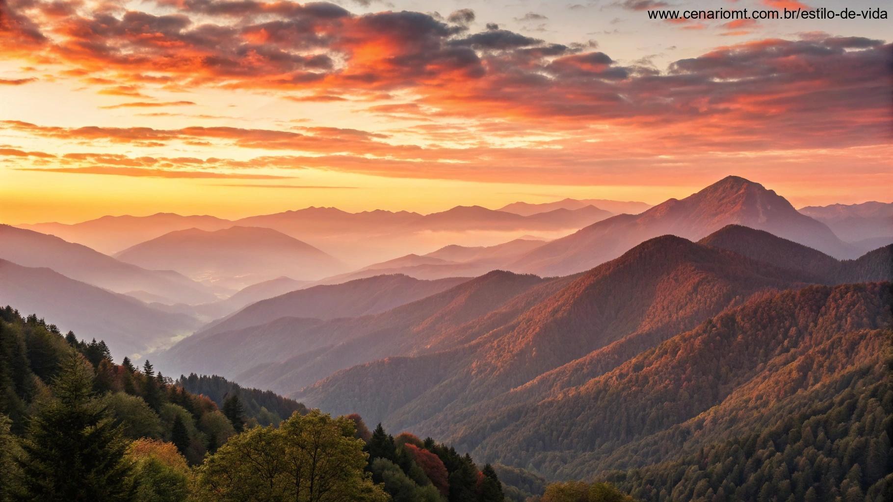 Uma imagem inspiradora do nascer do sol sobre as montanhas, com cores quentes preenchendo o céu, oferecendo uma vibração motivacional para a manhã de sábado, 08 de março de 2025.