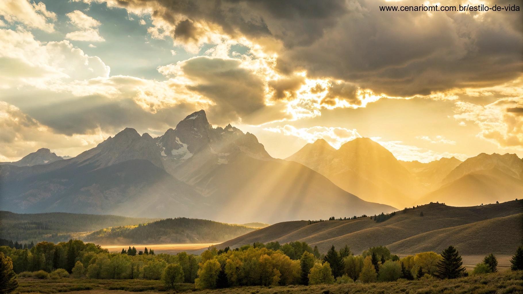 Imagem motivacional com vista de montanhas e luz radiante do sol.