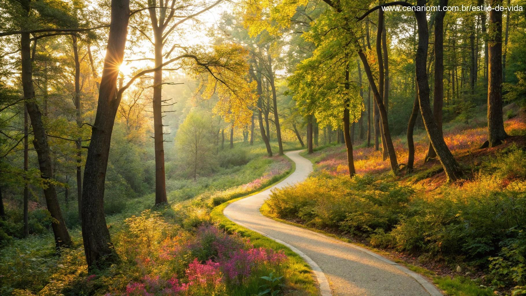 Caminho sinuoso através de uma floresta vibrante com luz do sol filtrando pelas árvores
