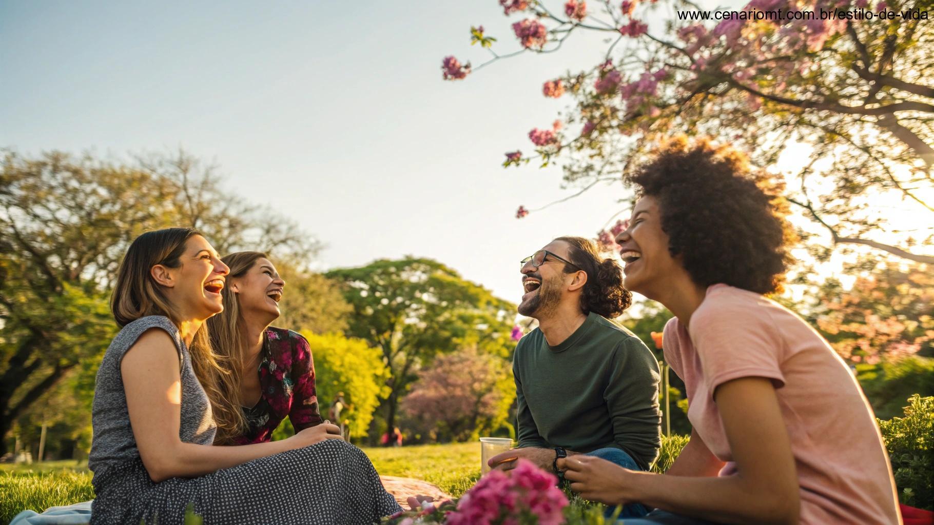 Grupo de amigos alegres reunidos ao ar livre compartilhando mensagens positivas.