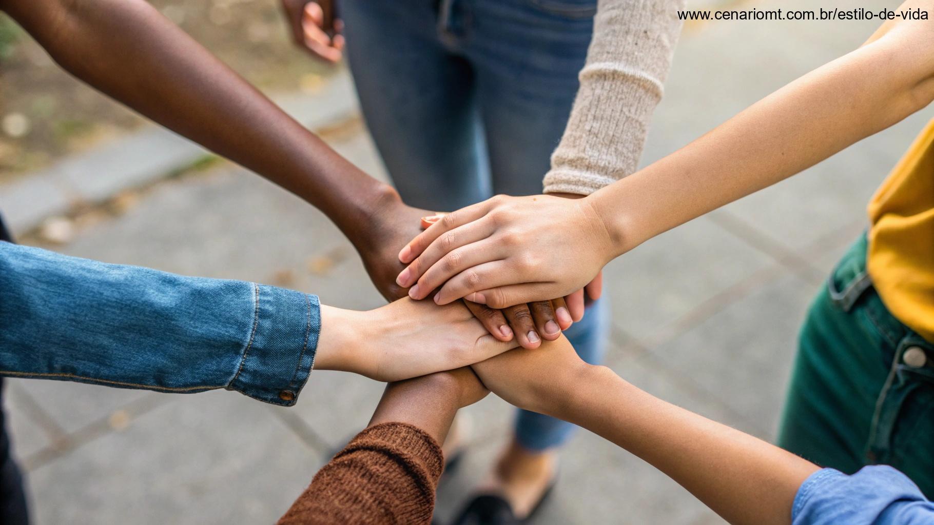 Grupo de mãos diversas unidas em um círculo, simbolizando união e conexão.