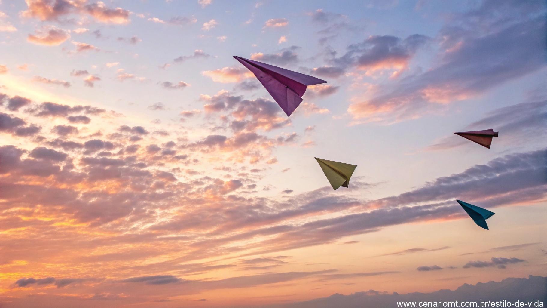 Aviões de papel coloridos voando contra um céu em tons pastel ao pôr do sol