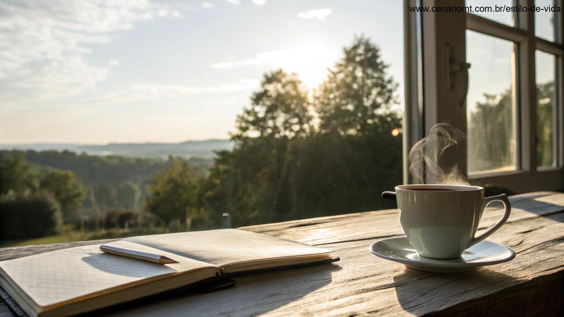 Cena simples e iluminada pela manhã, com café e caderno sobre a mesa.