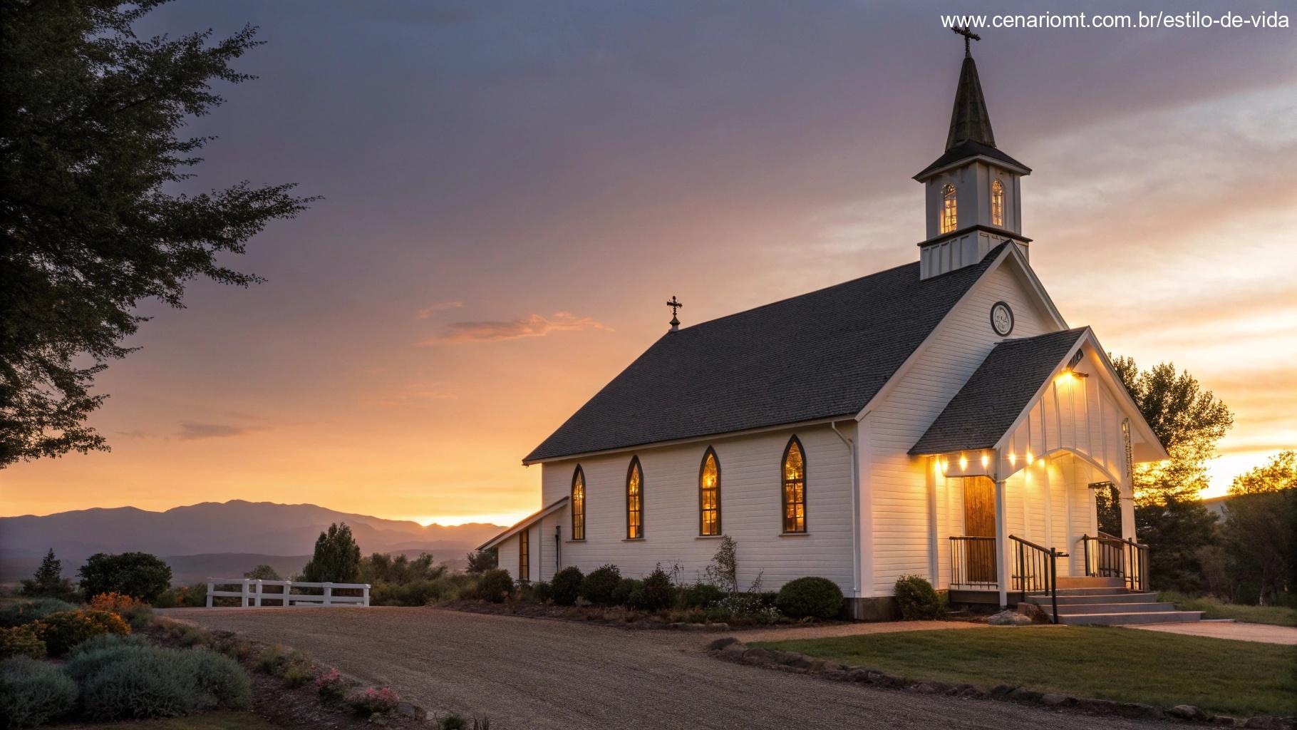 Uma igreja tranquila com iluminação suave, criando uma atmosfera de fé e encorajamento para o dia.