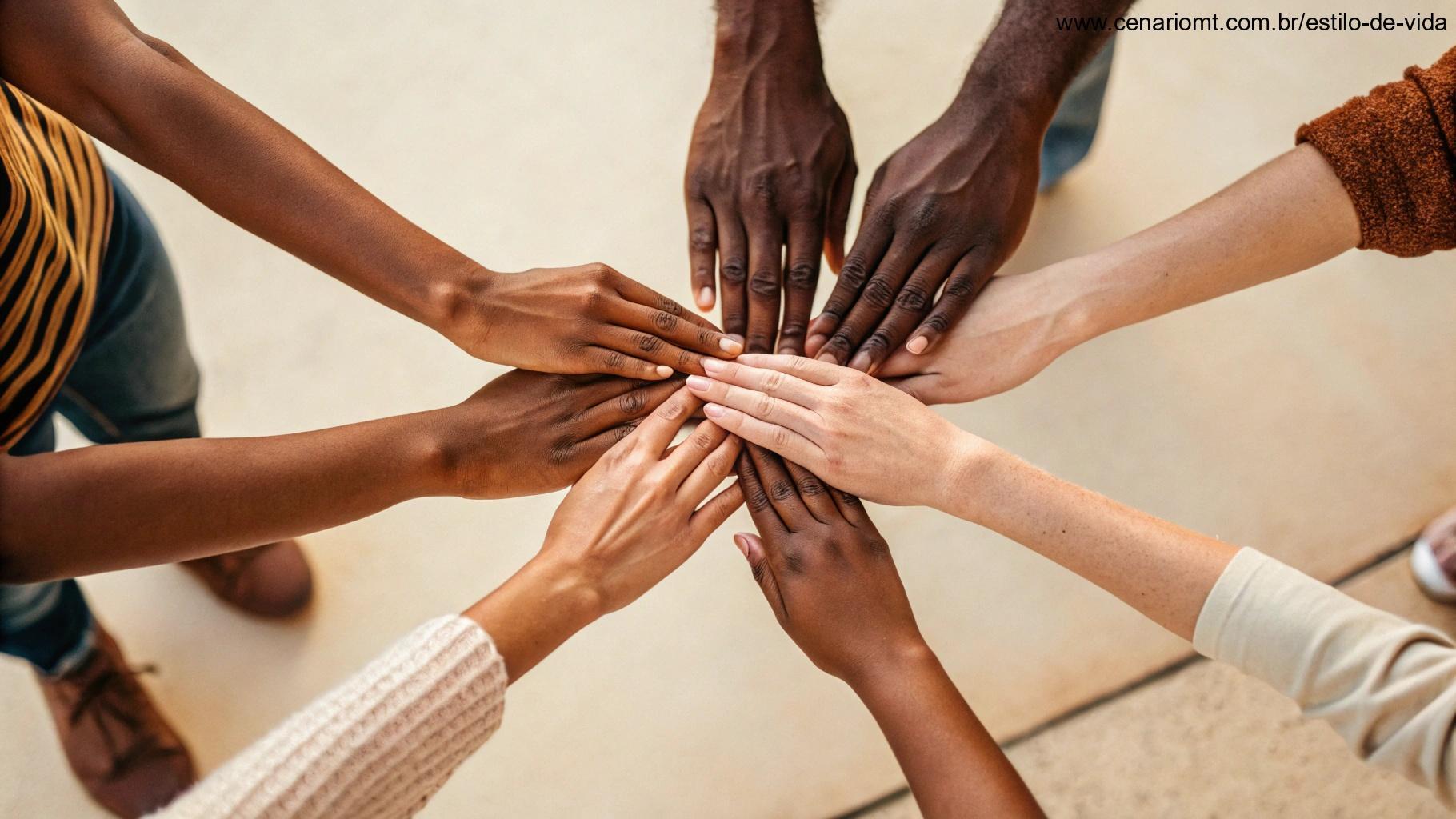 Um grupo de mãos diversas alcançando umas às outras em um círculo, simbolizando união e comunidade, com um fundo aconchegante e convidativo