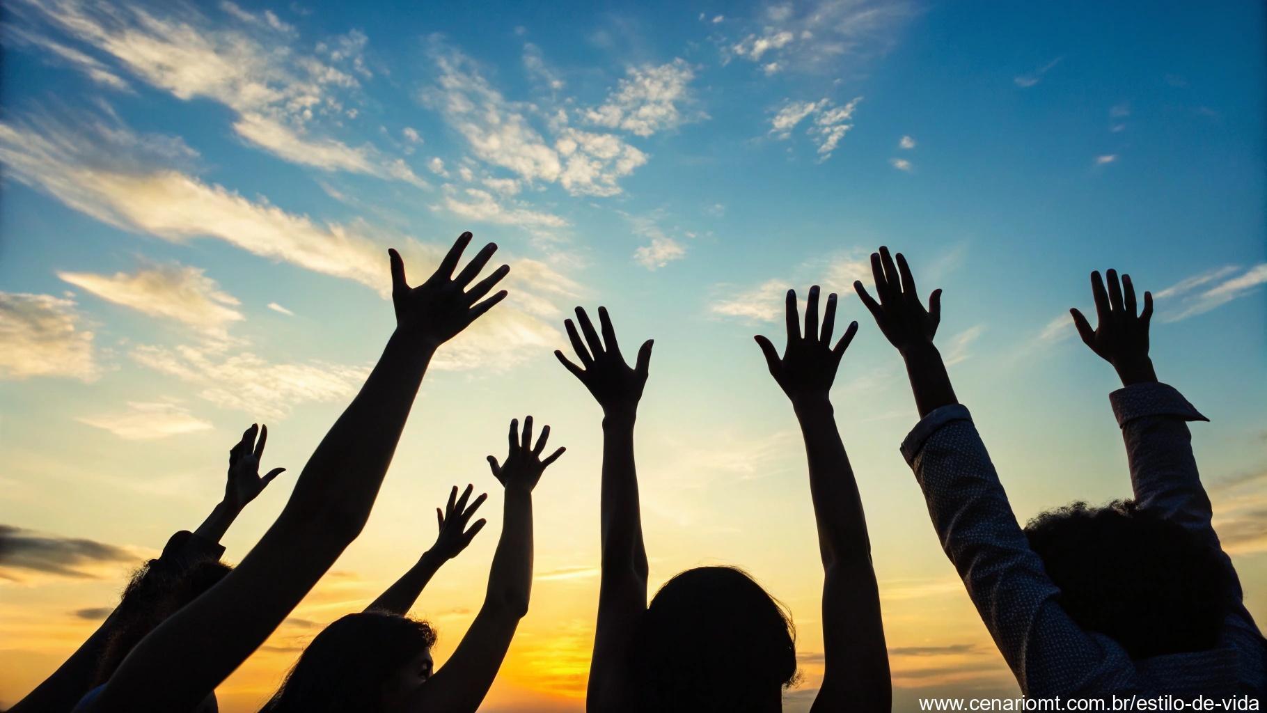 Grupo de mãos diversas alcançando o alto contra um céu em gradiente do azul ao amarelo, simbolizando conexão e positividade
