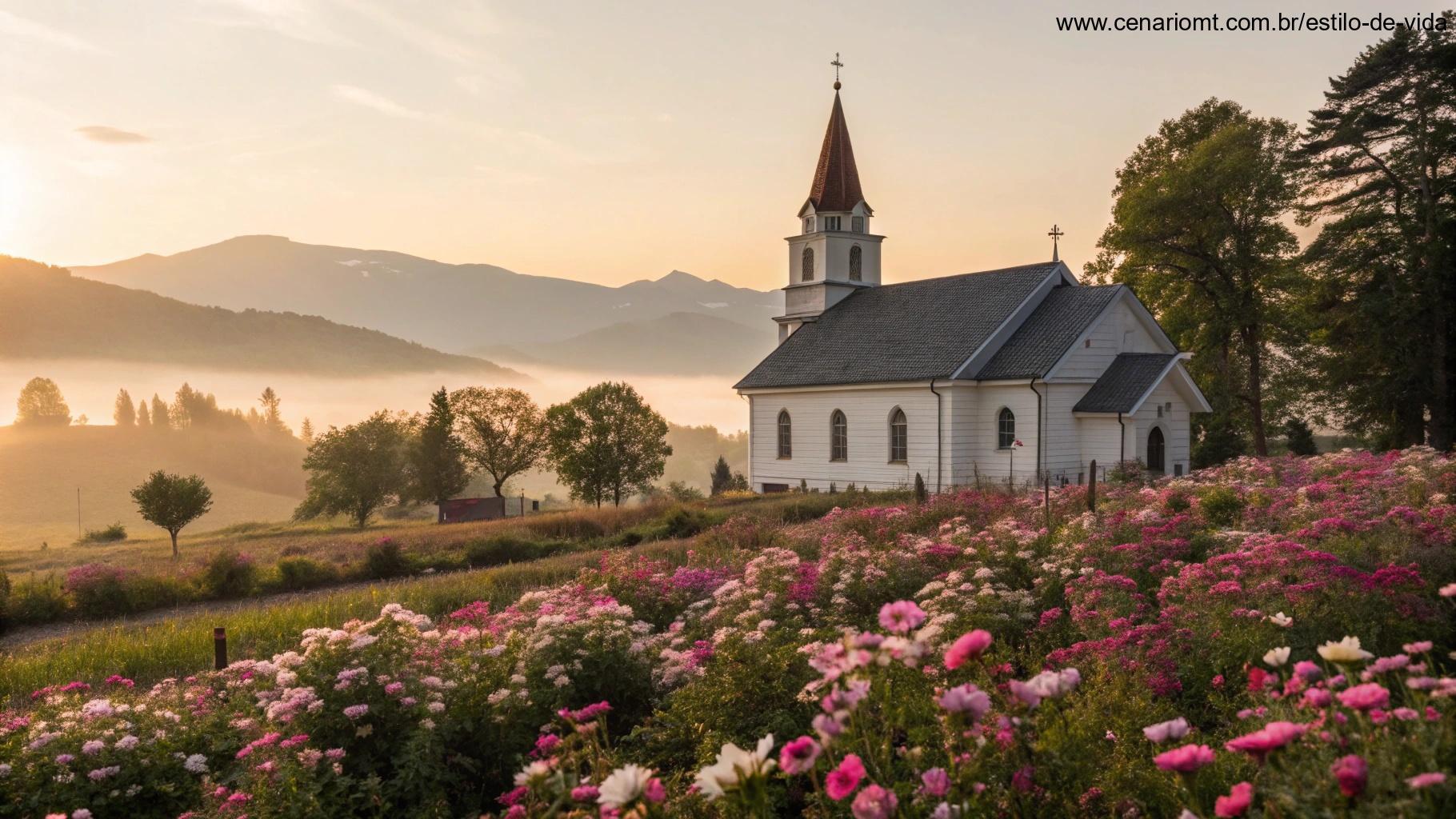 Uma igreja tranquila cercada por flores desabrochando e uma suave luz dourada, evocando um senso de espiritualidade e comunidade