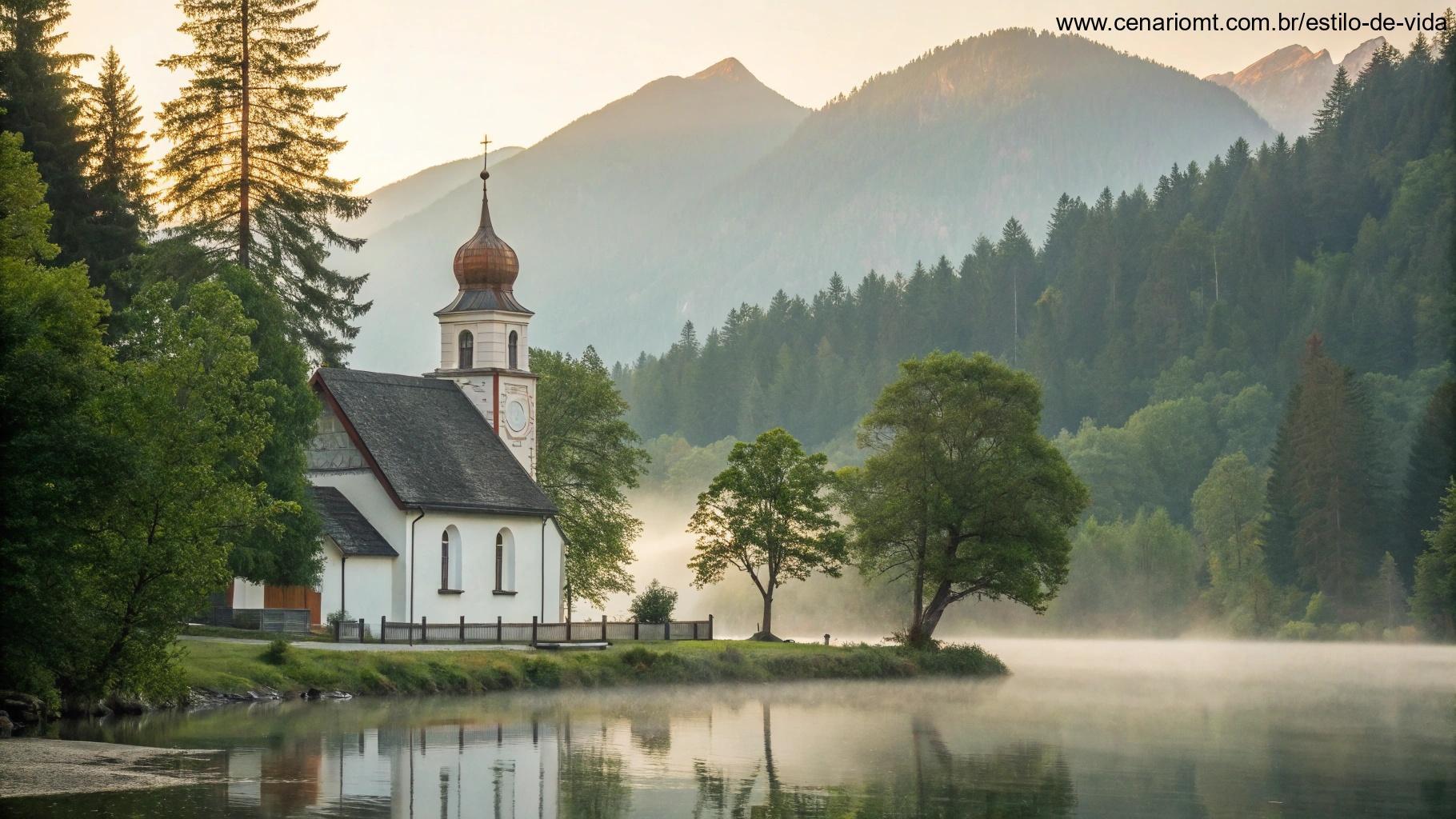 Imagem de uma igreja tranquila rodeada pela natureza, simbolizando fé e espiritualidade.