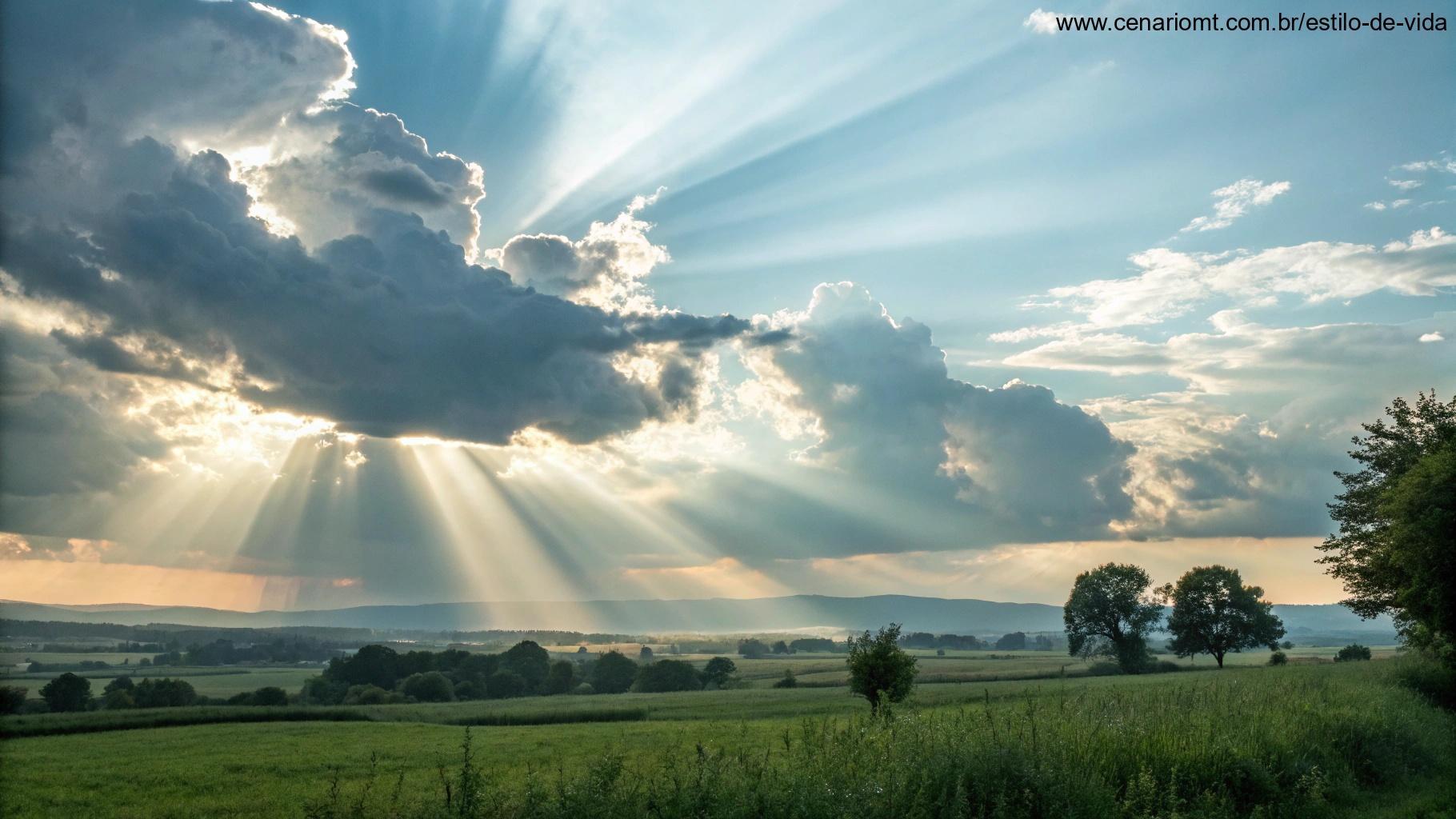 Cena serena com nuvens suaves, uma brisa leve e raios de luz, simbolizando esperança e iluminação para o dia.