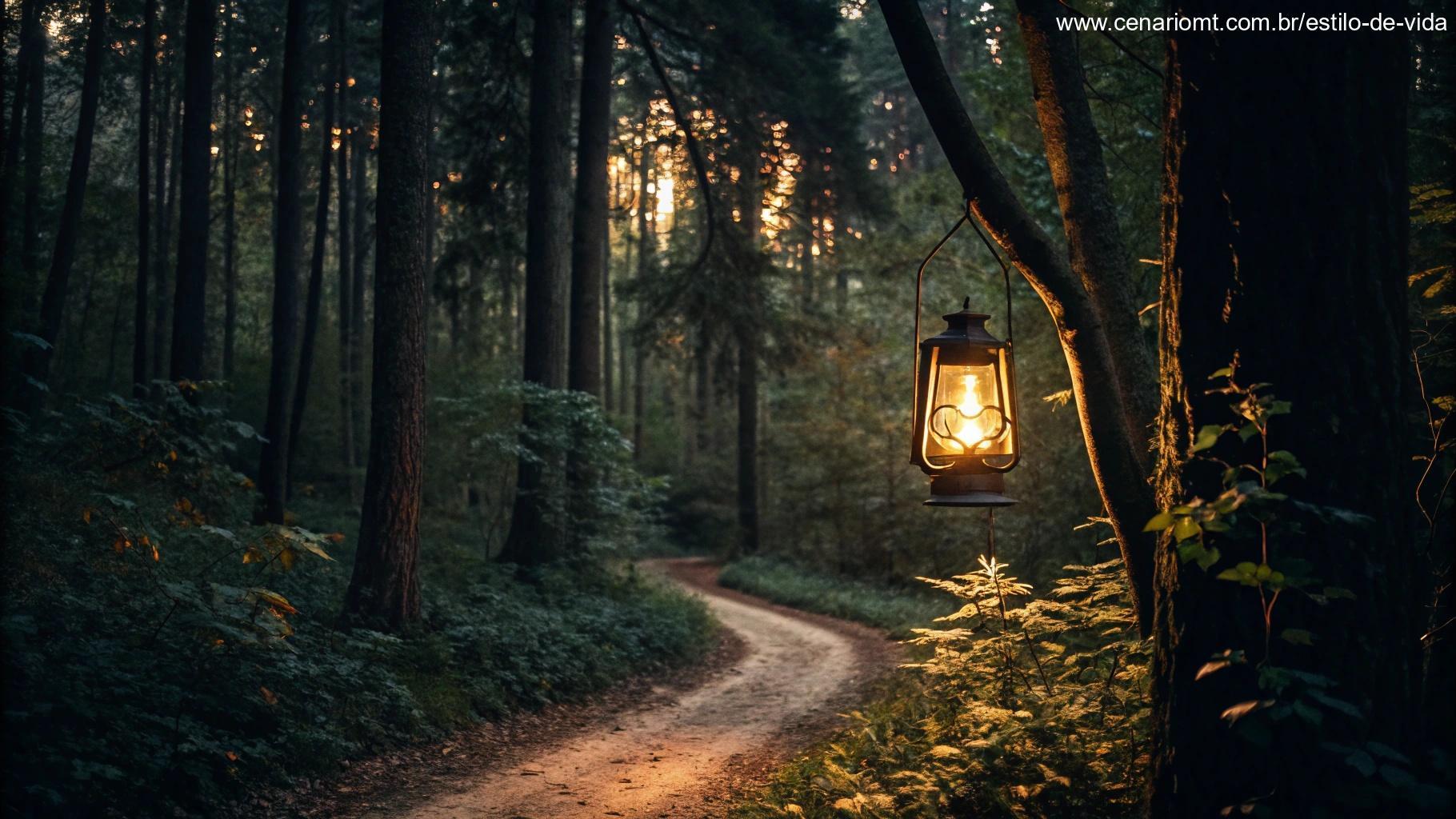 Lanterna quente e brilhante flutuando em uma floresta escura, iluminando o caminho com uma luz dourada suave