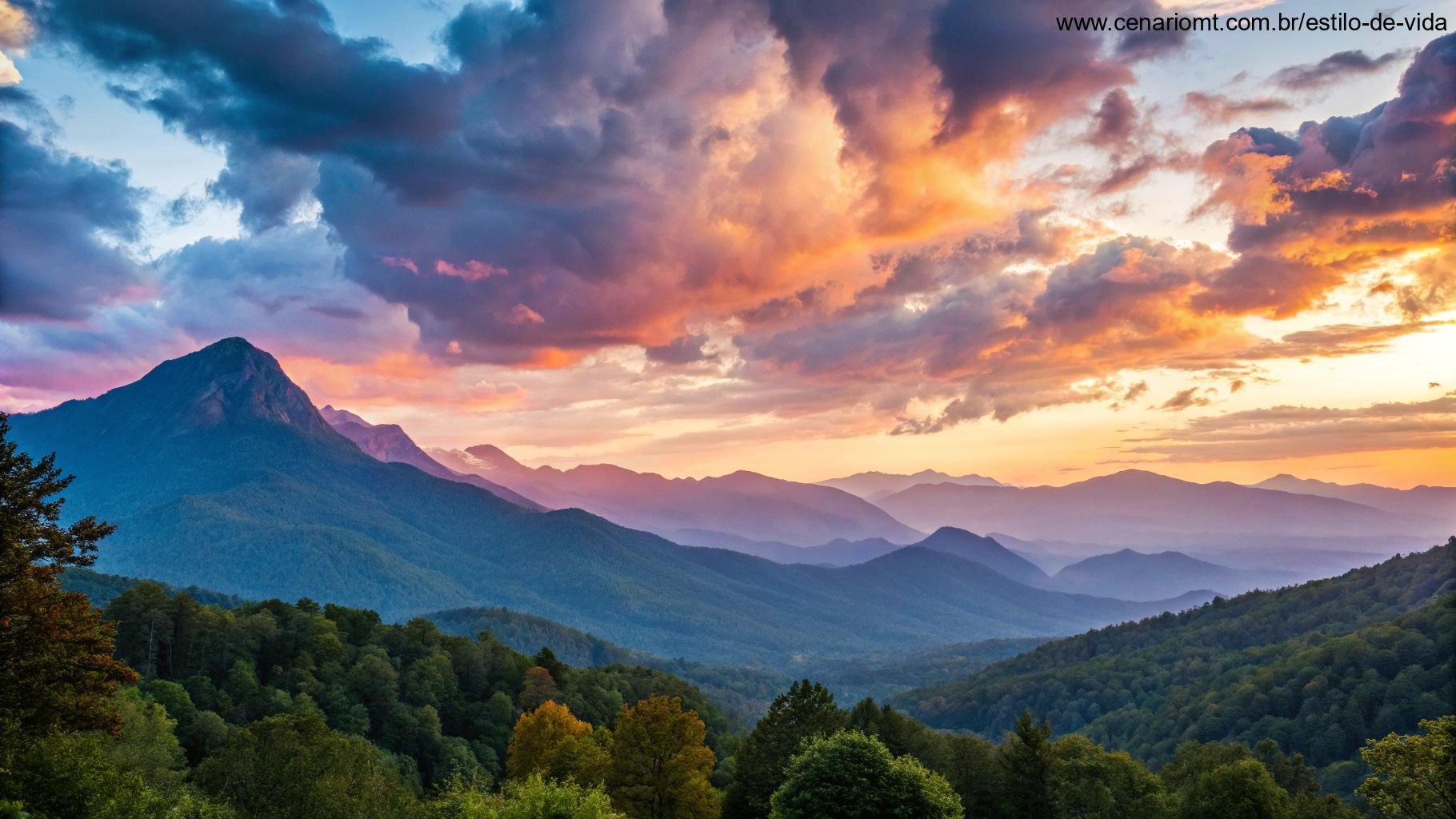 Cena vibrante de uma vista para a montanha ao amanhecer, com nuvens coloridas no céu, transmitindo inspiração e motivação para o novo dia.