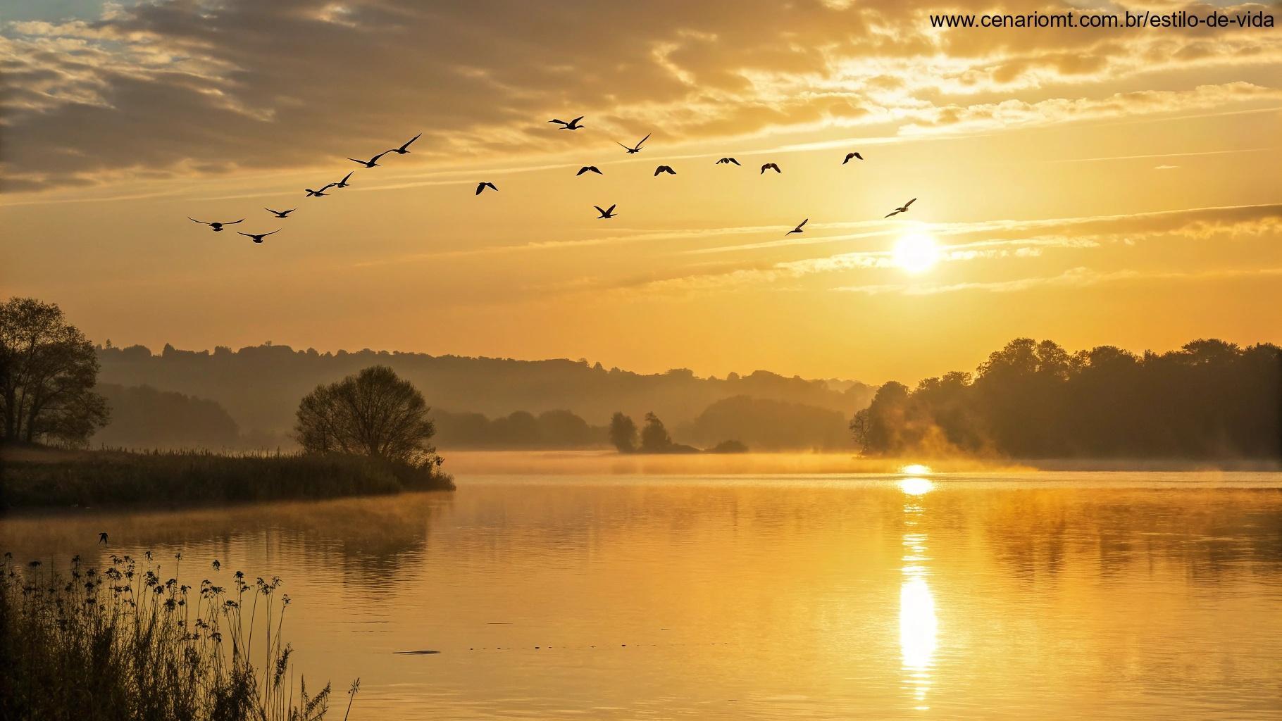 Nascer do sol brilhante sobre um lago calmo, com reflexos dourados na água e pássaros voando.
