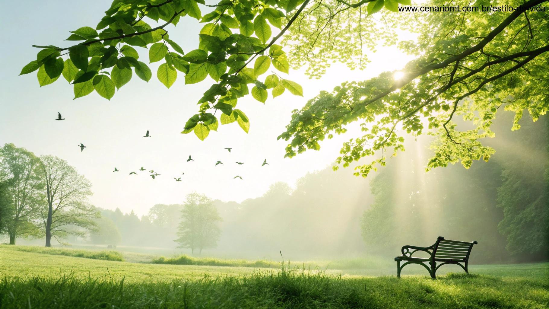 Cenário matinal alegre com luz suave entre folhas verdes e pássaros no céu.