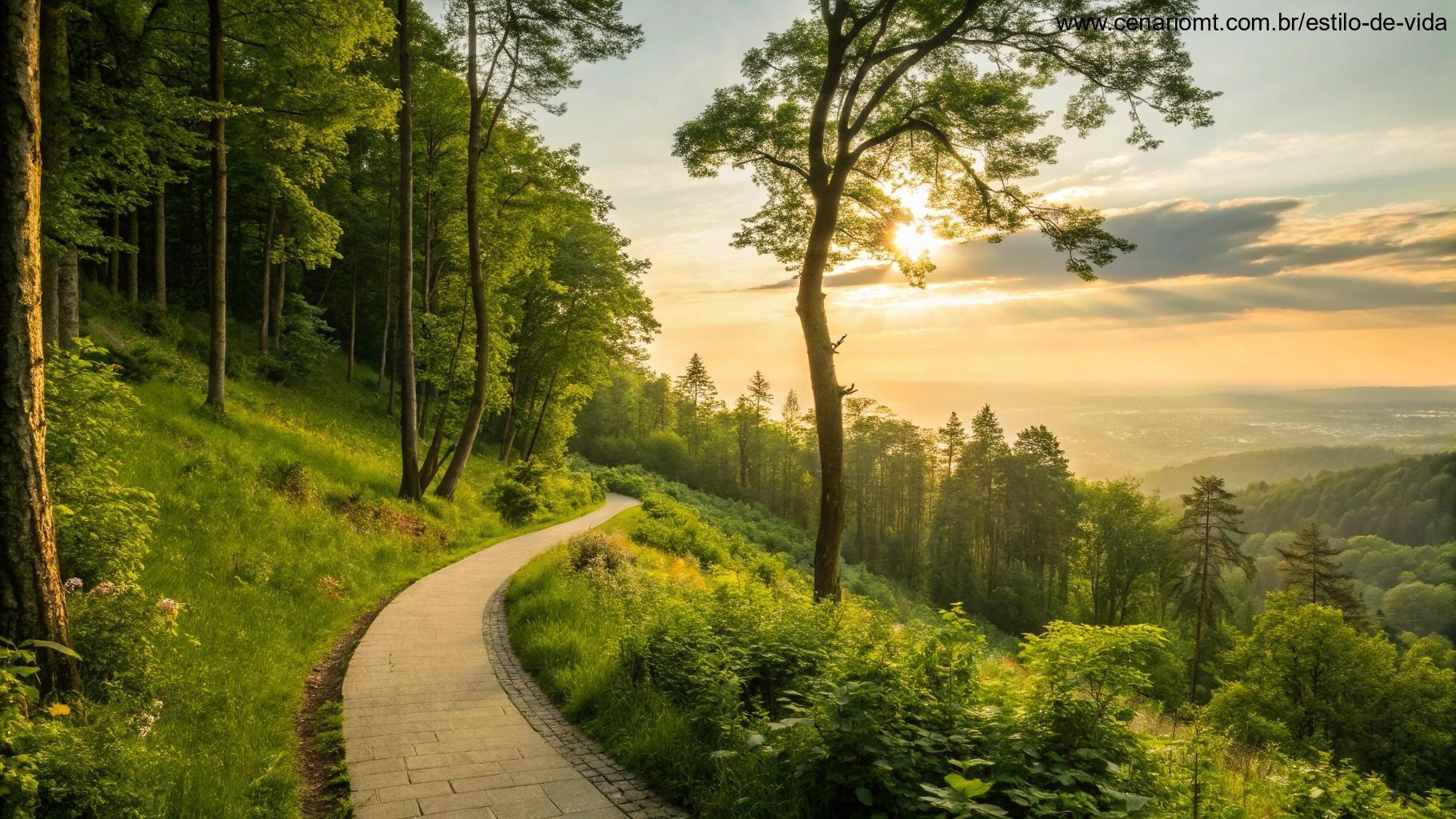 Um caminho sinuoso através de uma floresta vibrante com a luz do sol filtrando pelas árvores, levando a um horizonte distante e brilhante