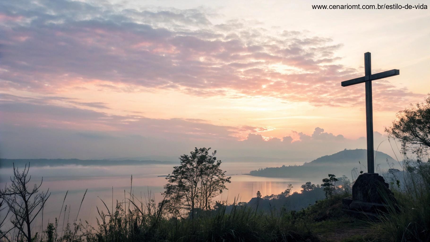 Vista matinal serena com céus pastéis e luz suave sobre uma cruz.