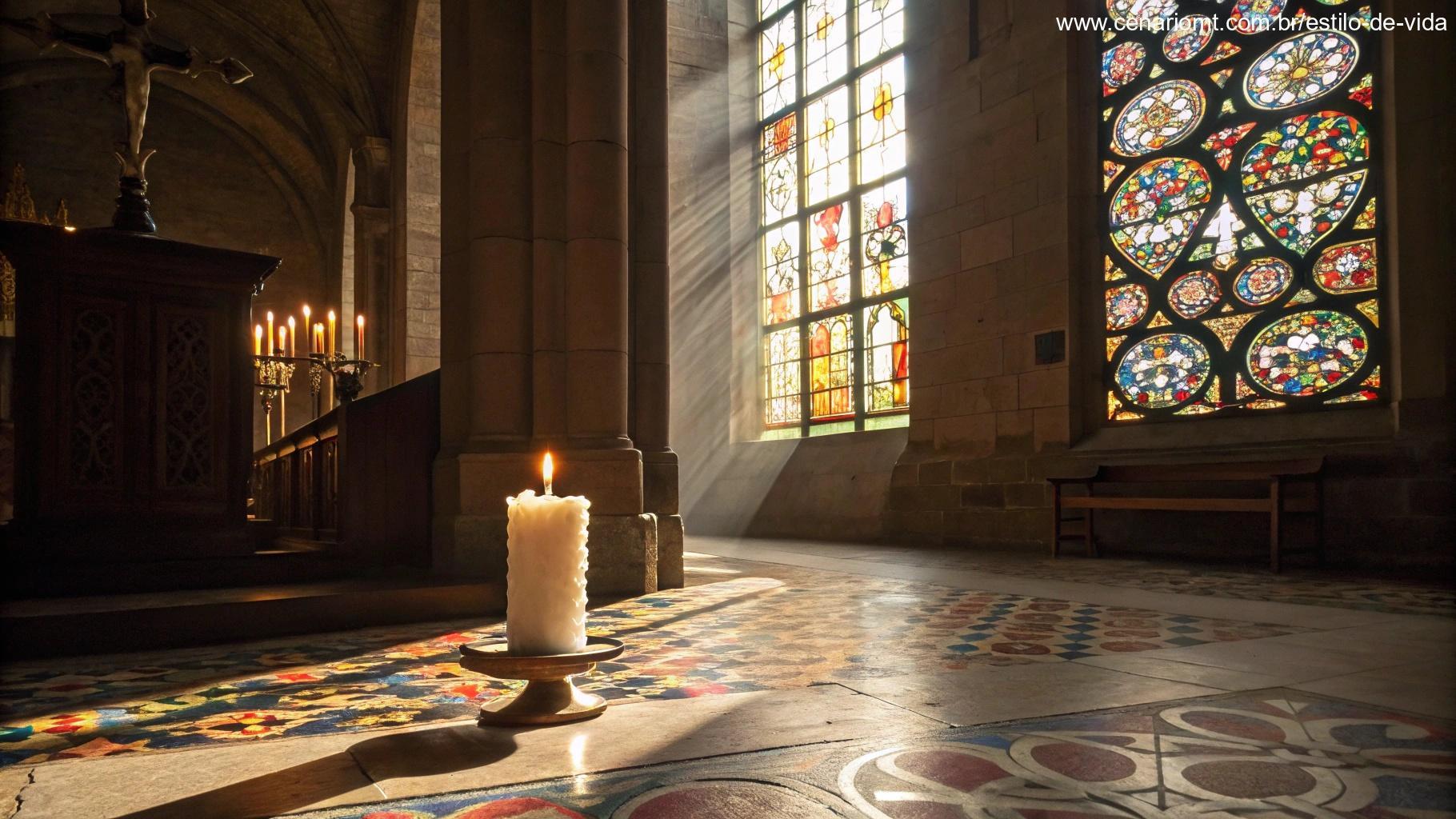 Uma cena religiosa de manhã com luz suave entrando pela janela de uma igreja, criando uma atmosfera serena e espiritual, com uma vela acesa.
