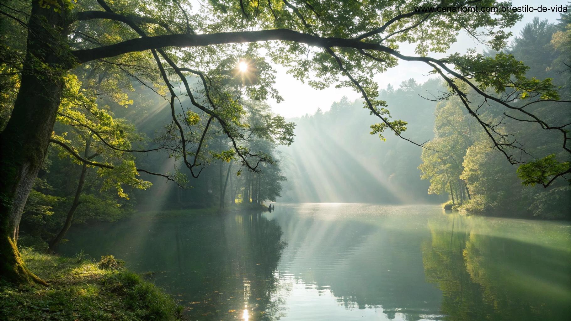 Uma imagem espiritual de um lago tranquilo cercado por árvores, com raios suaves de luz solar entrando pelas folhas.