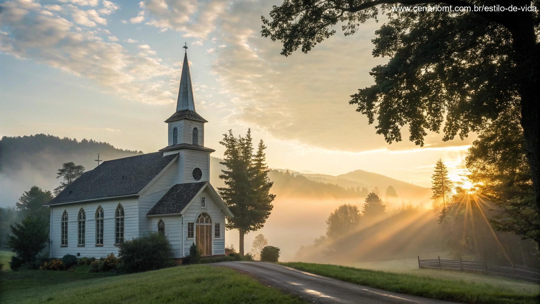Imagem serena de uma igreja ao amanhecer, com luz suave através das janelas de vitrais.