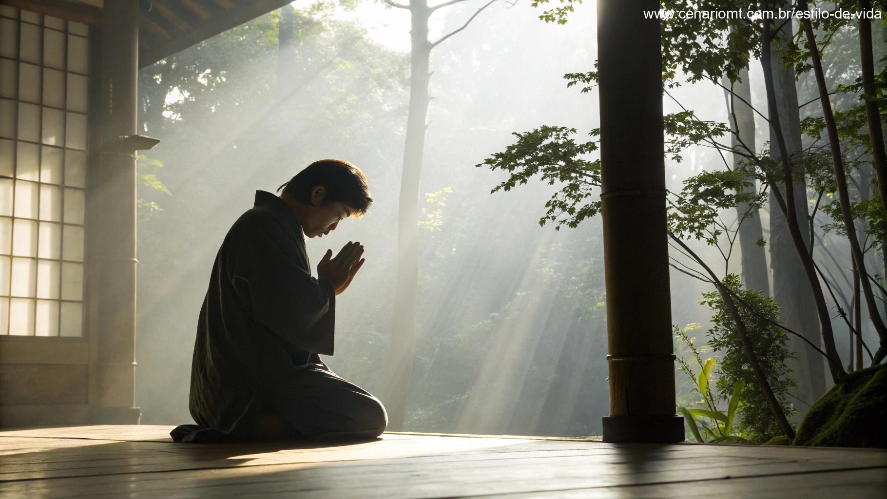 Cena serena e espiritual de uma pessoa orando em um ambiente tranquilo com luz suave iluminando-a, transmitindo uma sensação de paz e conexão divina, ideal para uma mensagem religiosa para compartilhar.
