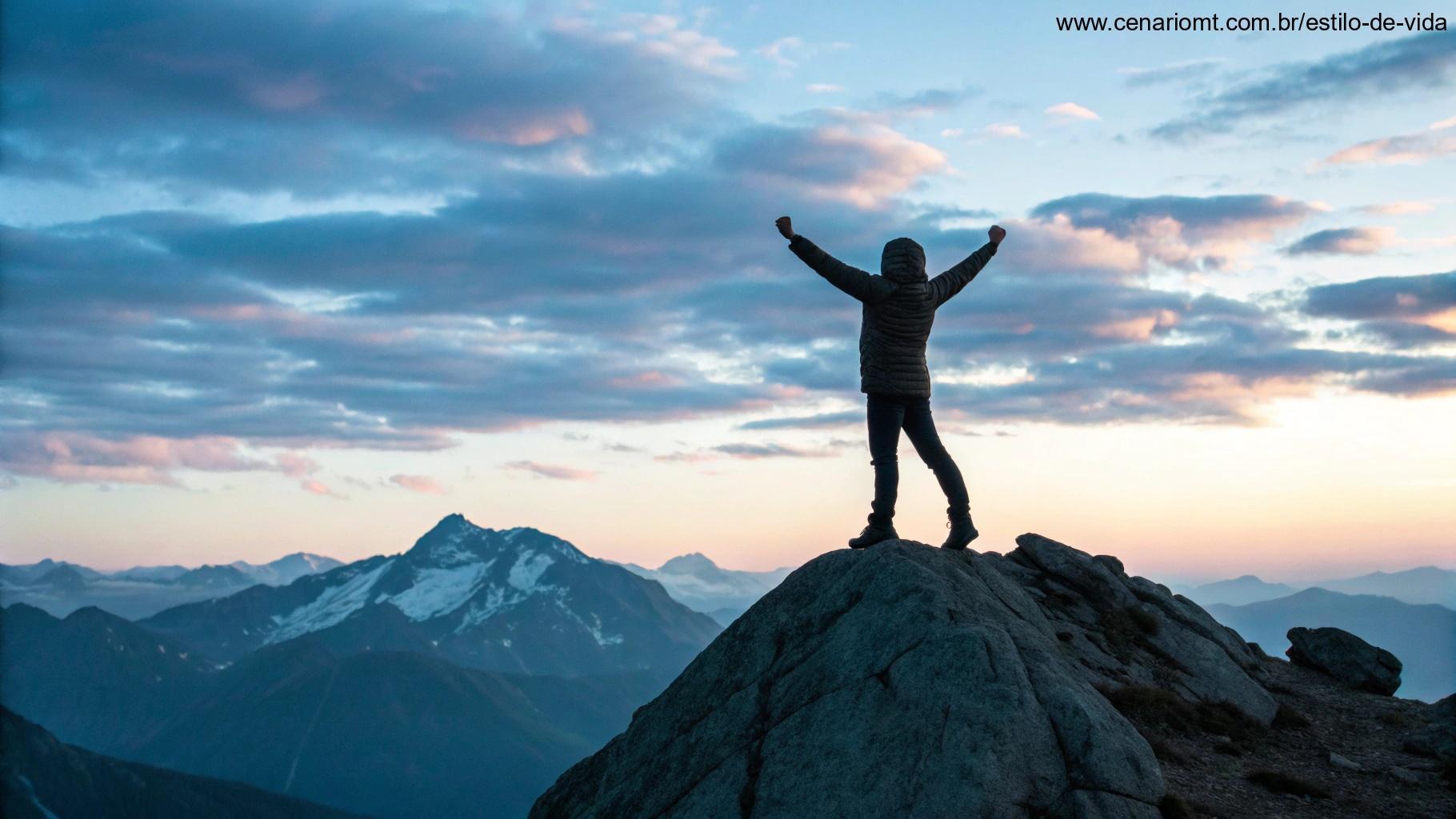 Pessoa em pé no topo de uma montanha ao amanhecer, braços erguidos com confiança, olhando para o horizonte com determinação, simbolizando motivação e novos começos.