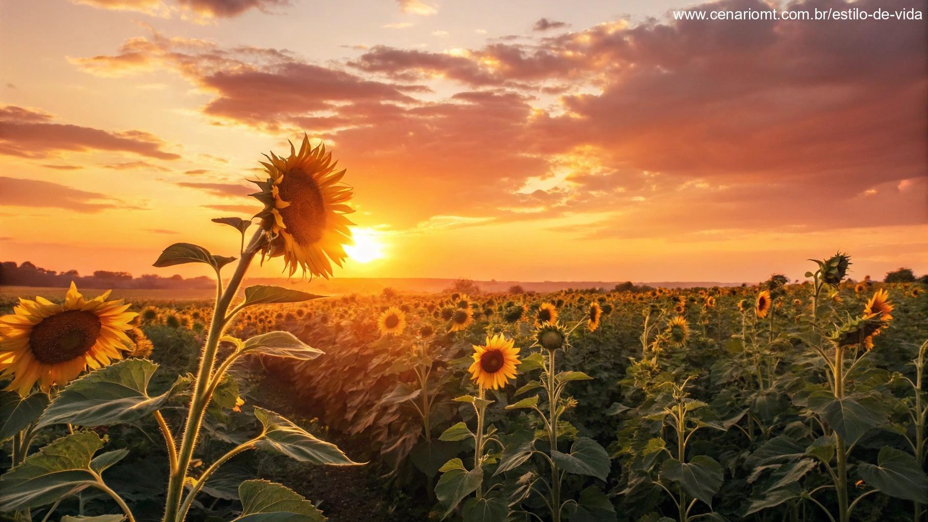 Campo de girassóis iluminado por um amanhecer vibrante e dourado.