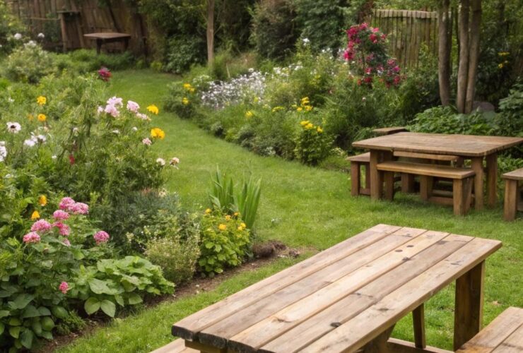 Móveis de jardim feitos com madeira reciclada em um espaço verde
