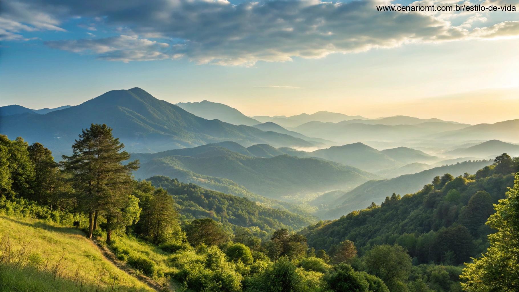 Paisagem tranquila de montanha com céu claro, simbolizando o caminho para a paz e serenidade conforme descrito por São Francisco.