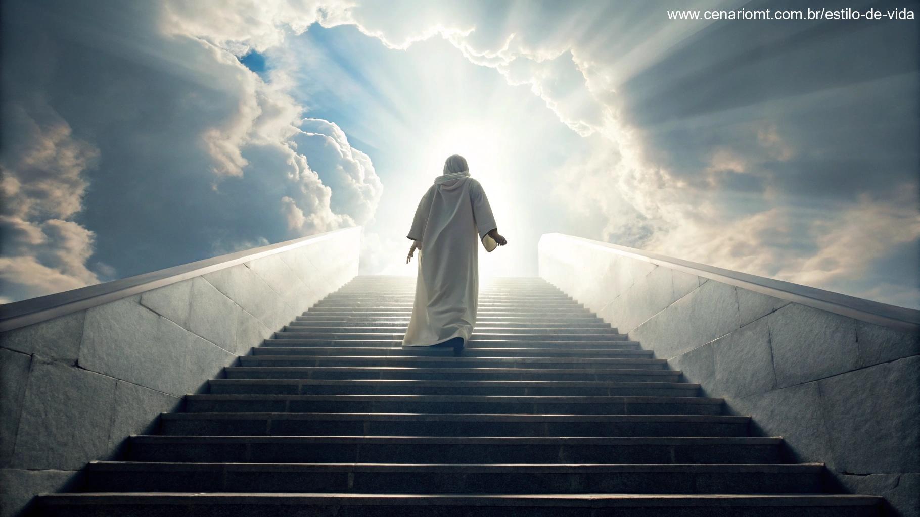 Santa Fotina subindo uma escadaria celestial em direção à luz divina.