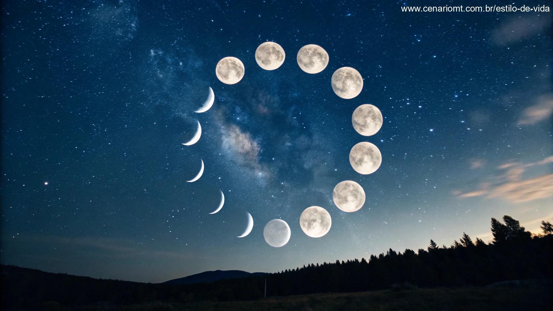 Ilustração artística do ciclo lunar completo, com todas as fases da Lua conectadas em um fluxo circular sob um céu estrelado.
