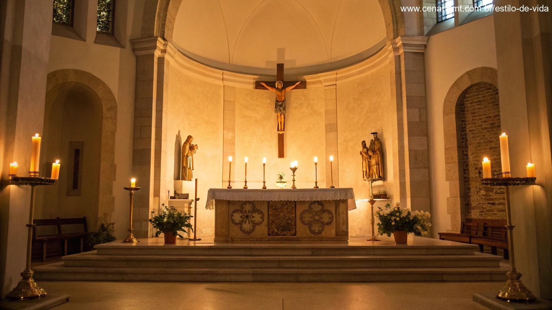 Imagem do altar de uma igreja com luz suave e quente iluminando o espaço, cercado por velas em uma atmosfera calma.