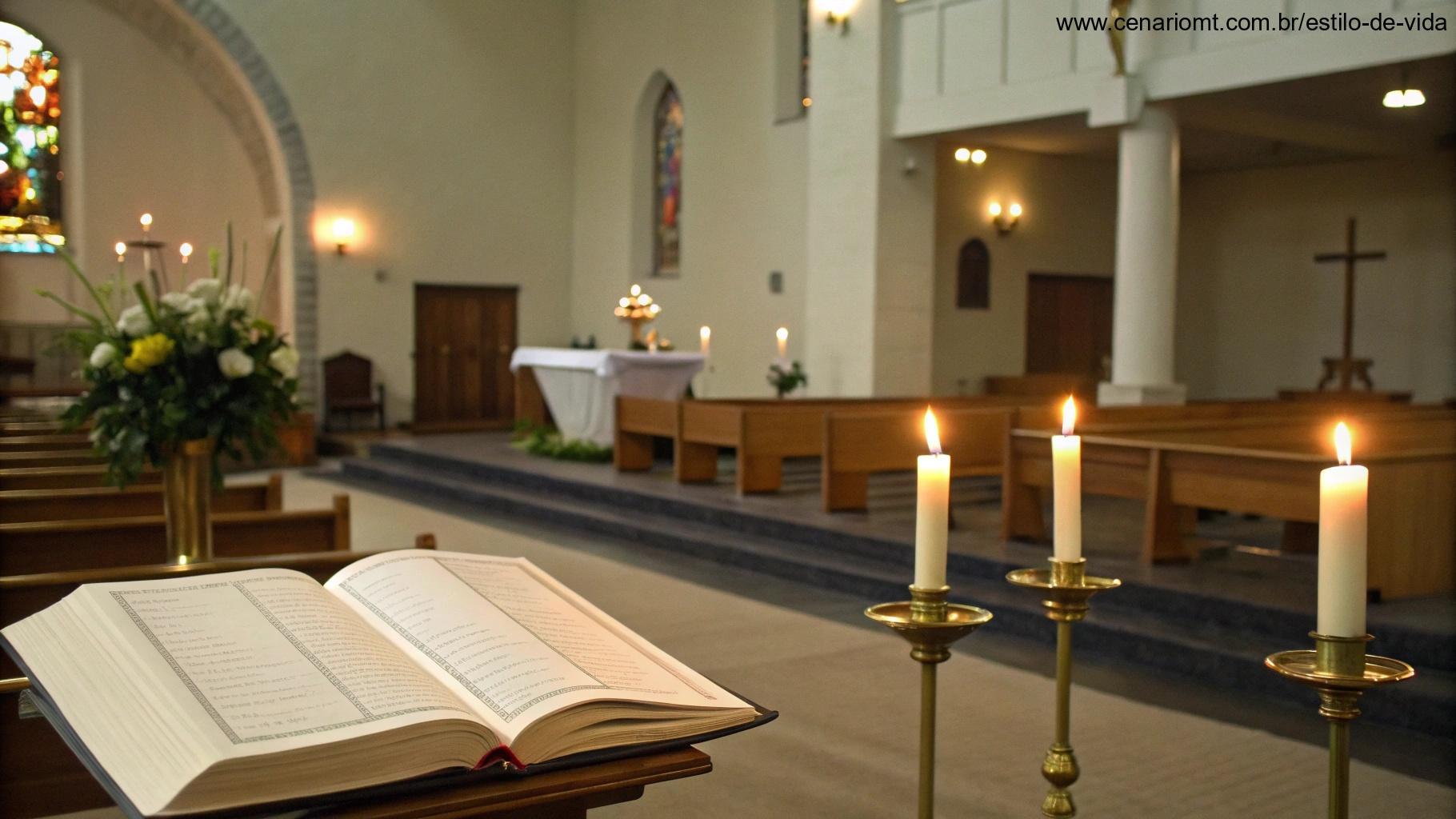 Interior sereno de uma igreja com velas acesas e uma Bíblia aberta no altar.
