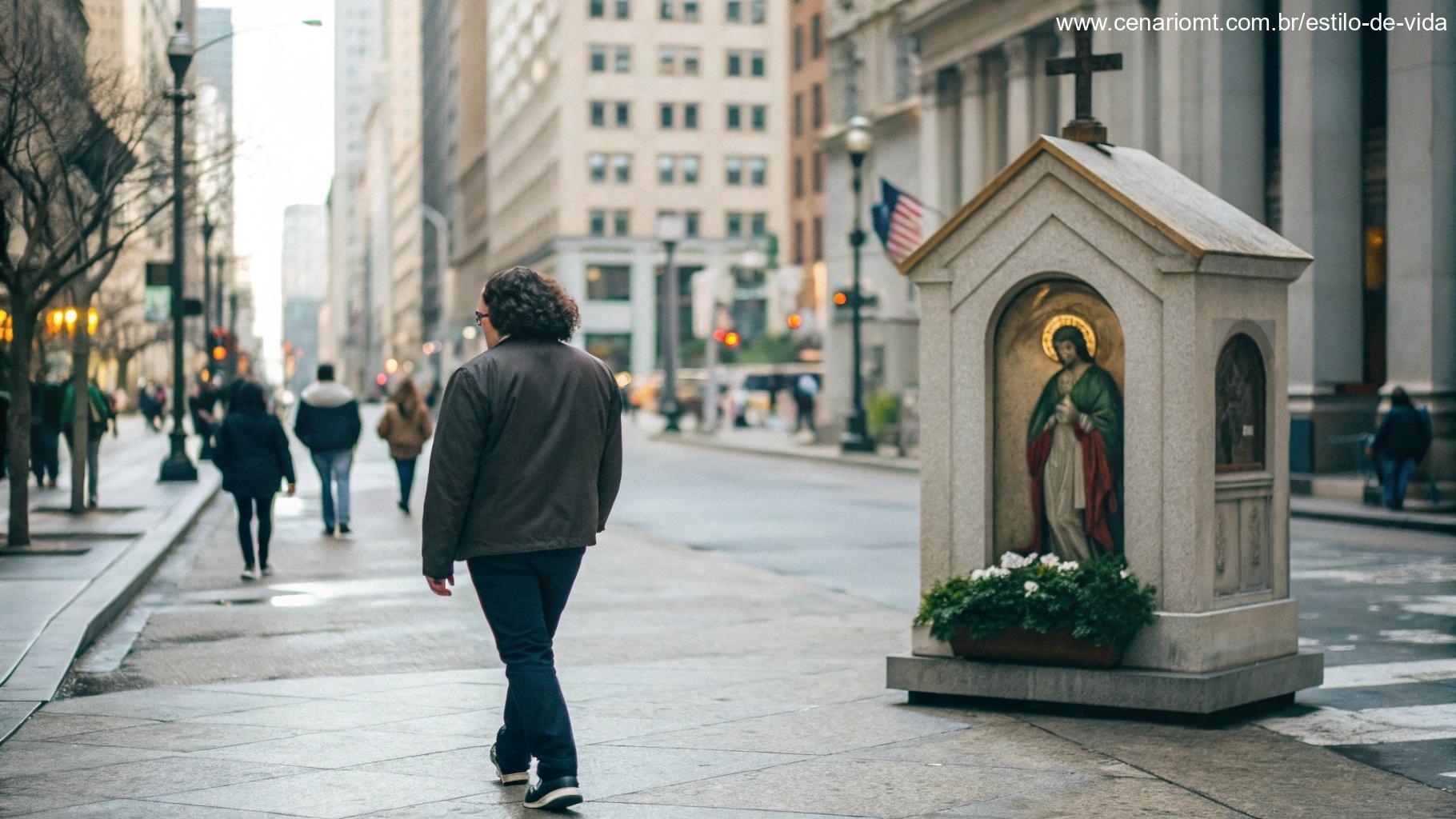 Pessoa caminhando por uma rua movimentada, fazendo uma pausa em frente a um pequeno santuário com a imagem de um santo.
