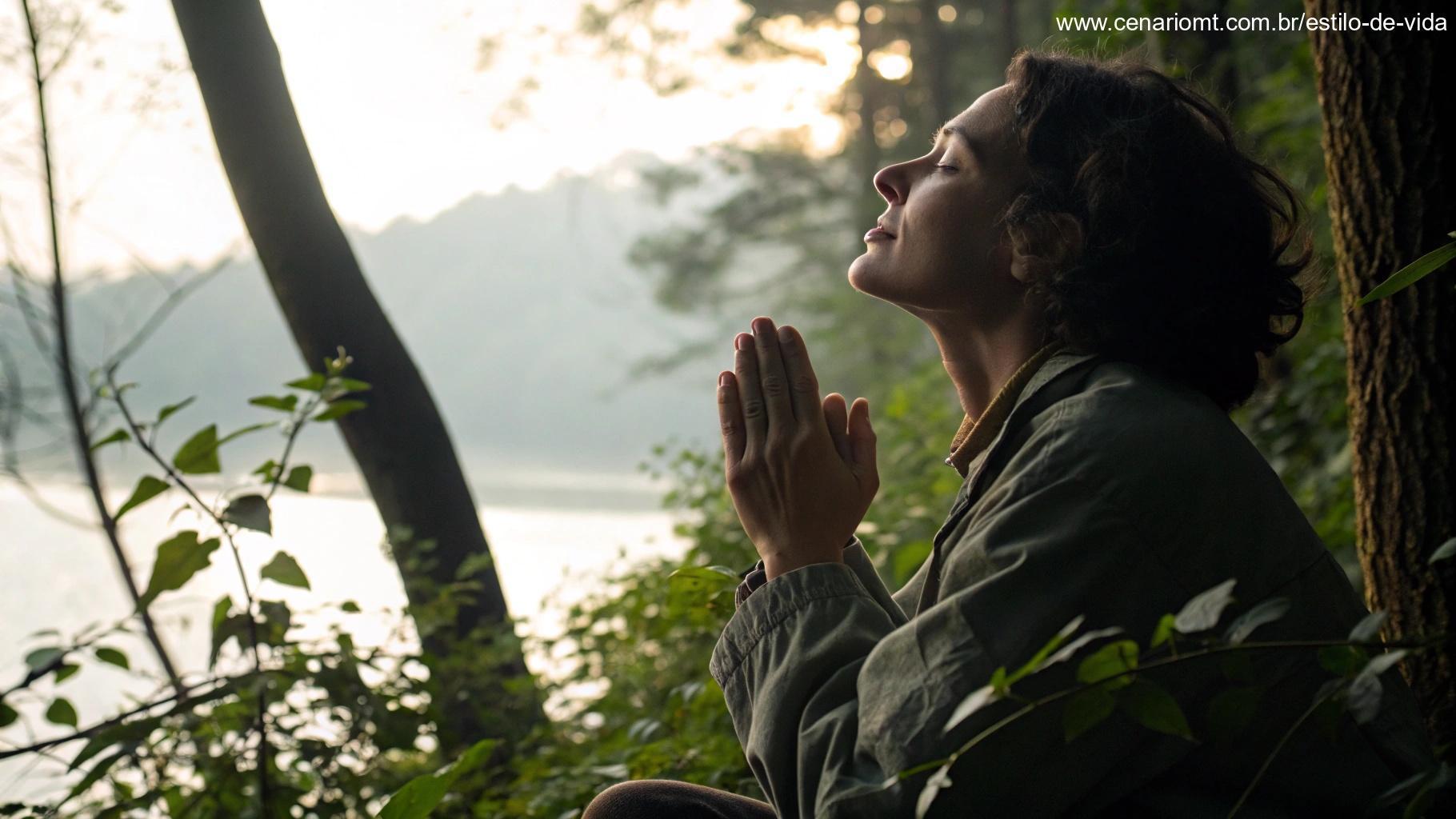 Pessoa em oração profunda em um ambiente tranquilo, cercado pela natureza, com as mãos unidas e olhos fechados.