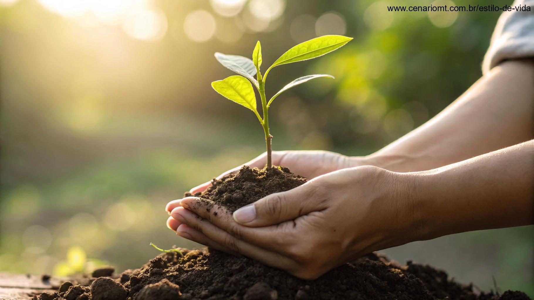 Close-up de mãos segurando uma pequena planta crescendo do solo, com a luz do sol brilhando através das folhas, representando fé e crescimento no dia a dia.