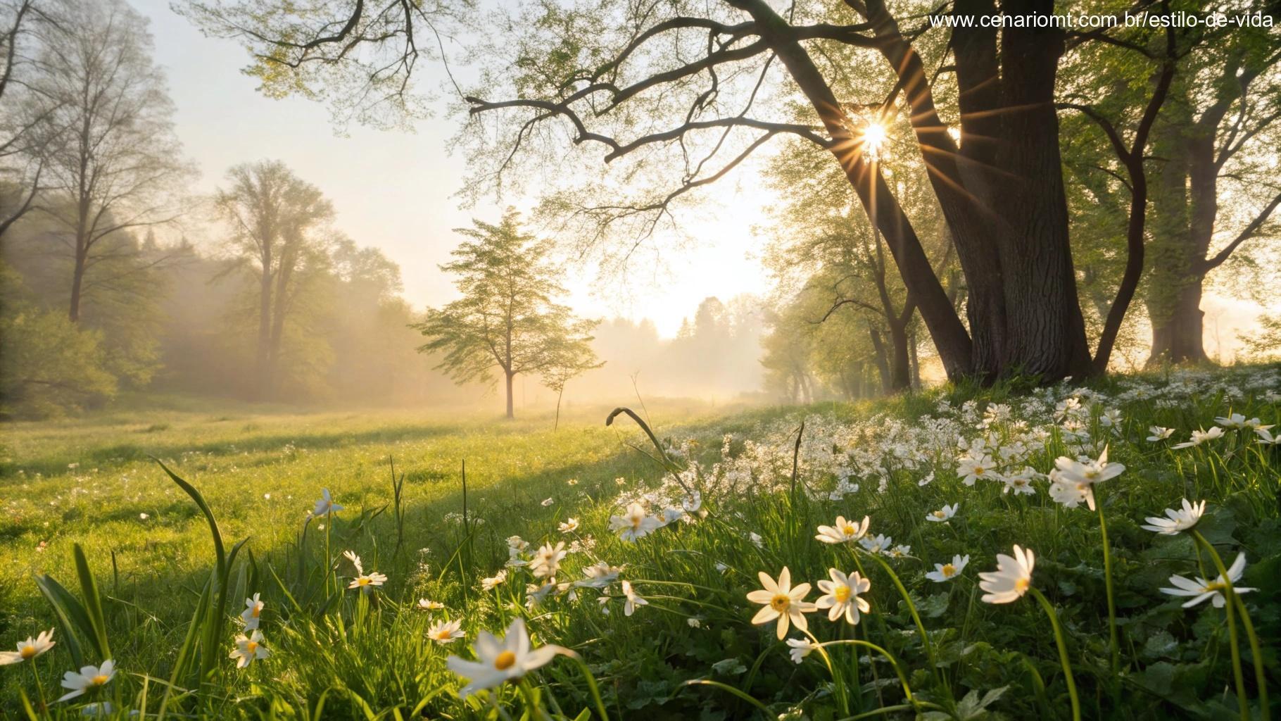 Uma imagem elevadora da natureza com luz solar brilhante, flores frescas e uma brisa suave, simbolizando o poder da fé e positividade para o dia de hoje.