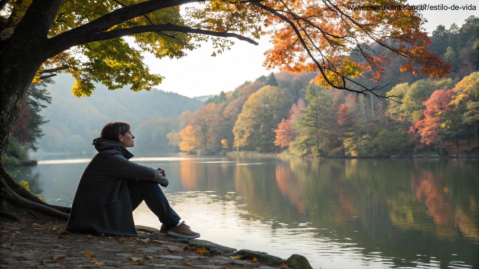 Momento tranquilo de uma pessoa sentada perto de um lago calmo, refletindo com árvores de outono ao redor.
