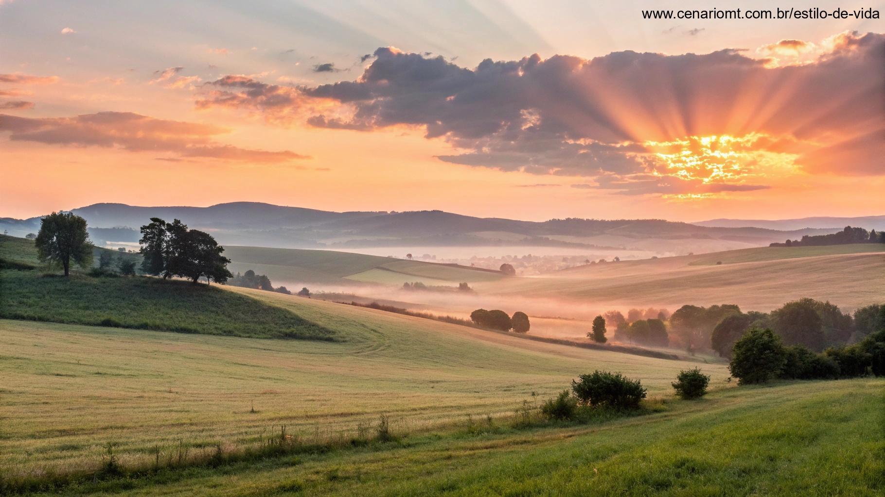 Um campo aberto ao amanhecer, com raios de sol suavizando a paisagem.