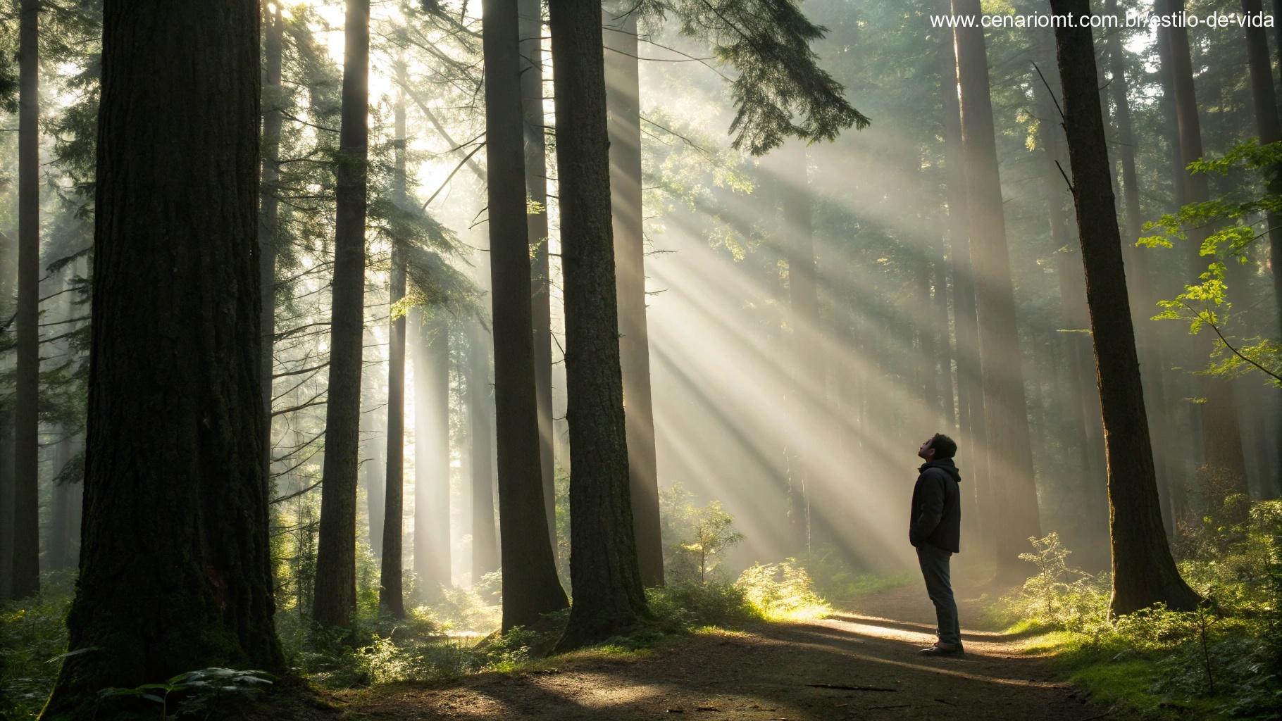 Pessoa em uma floresta tranquila, com raios de luz suave filtrando pelas árvores.