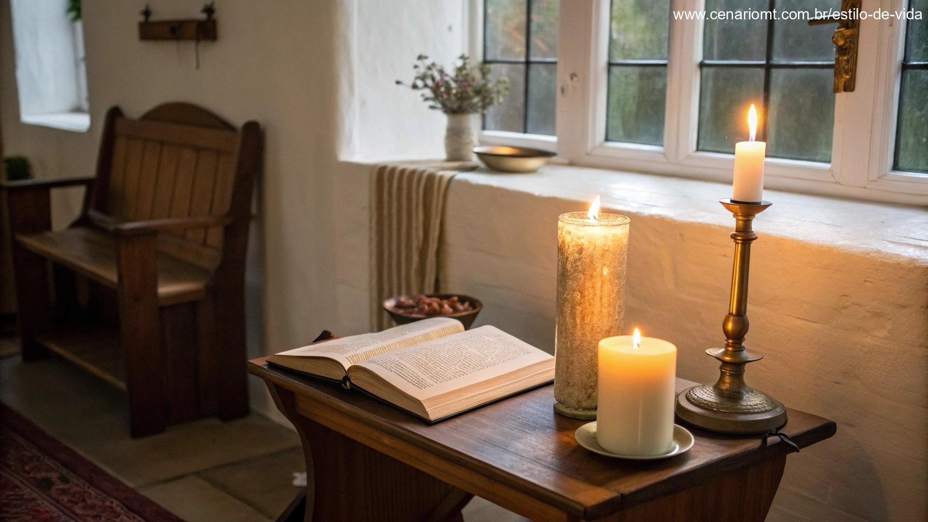 Cantinho de oração tranquilo, com velas suaves e uma Bíblia sobre uma mesa de madeira.