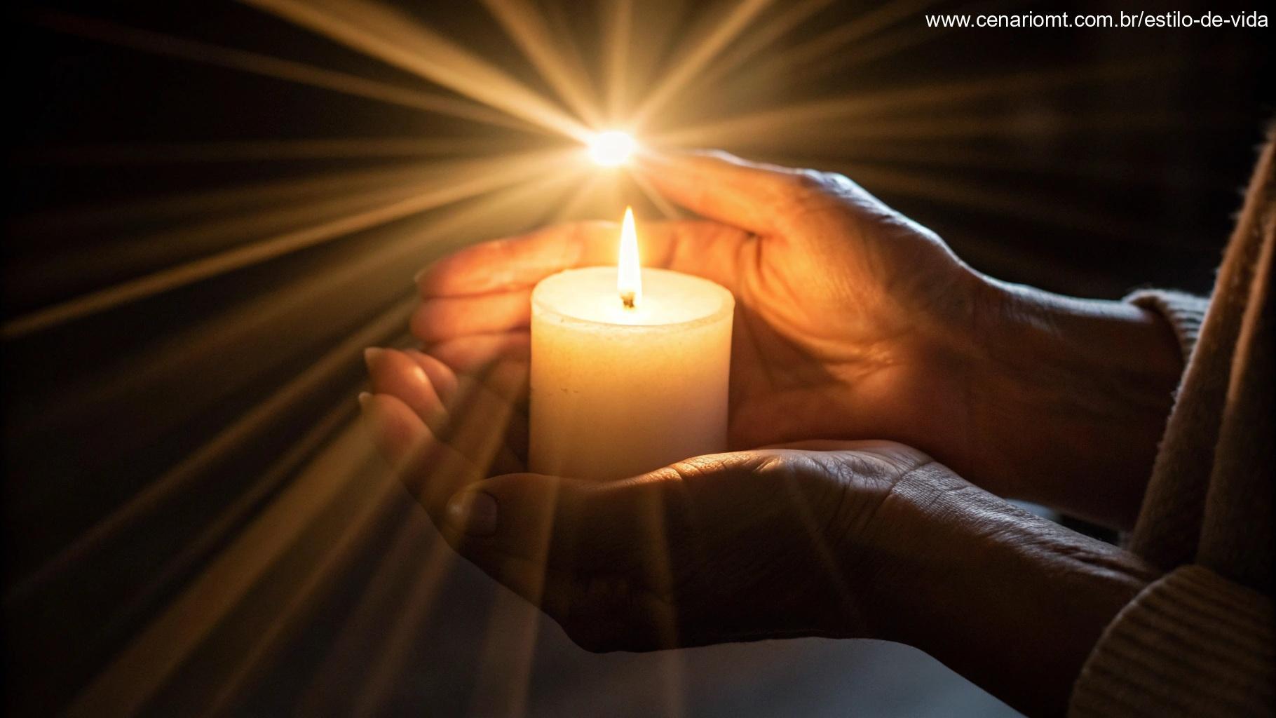 Um par de mãos segurando suavemente uma vela acesa em um quarto escuro, com raios suaves de luz se espalhando ao redor, simbolizando esperança e fé