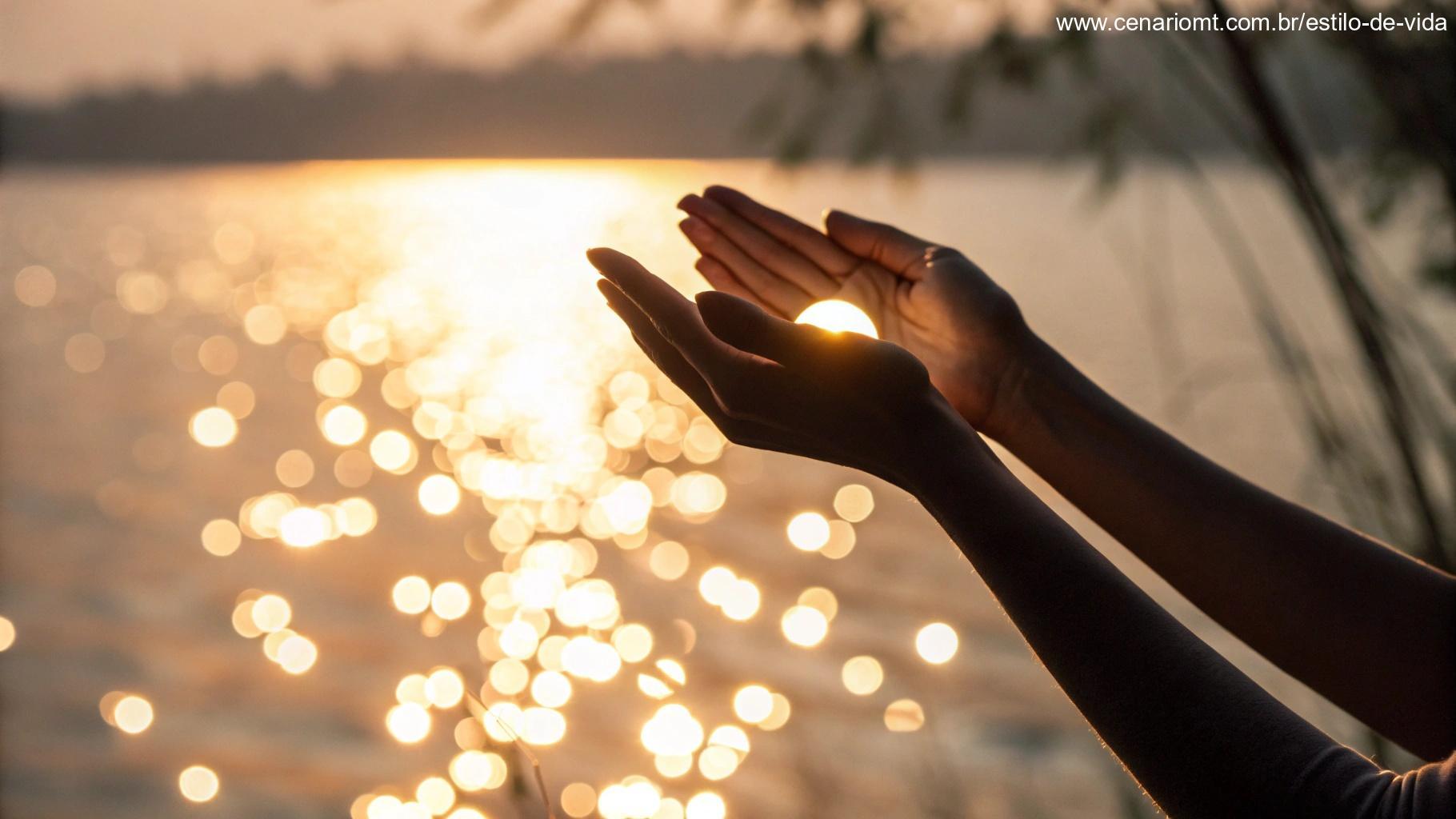 Mãos em posição de oração segurando uma luz suave, atmosfera espiritual calorosa