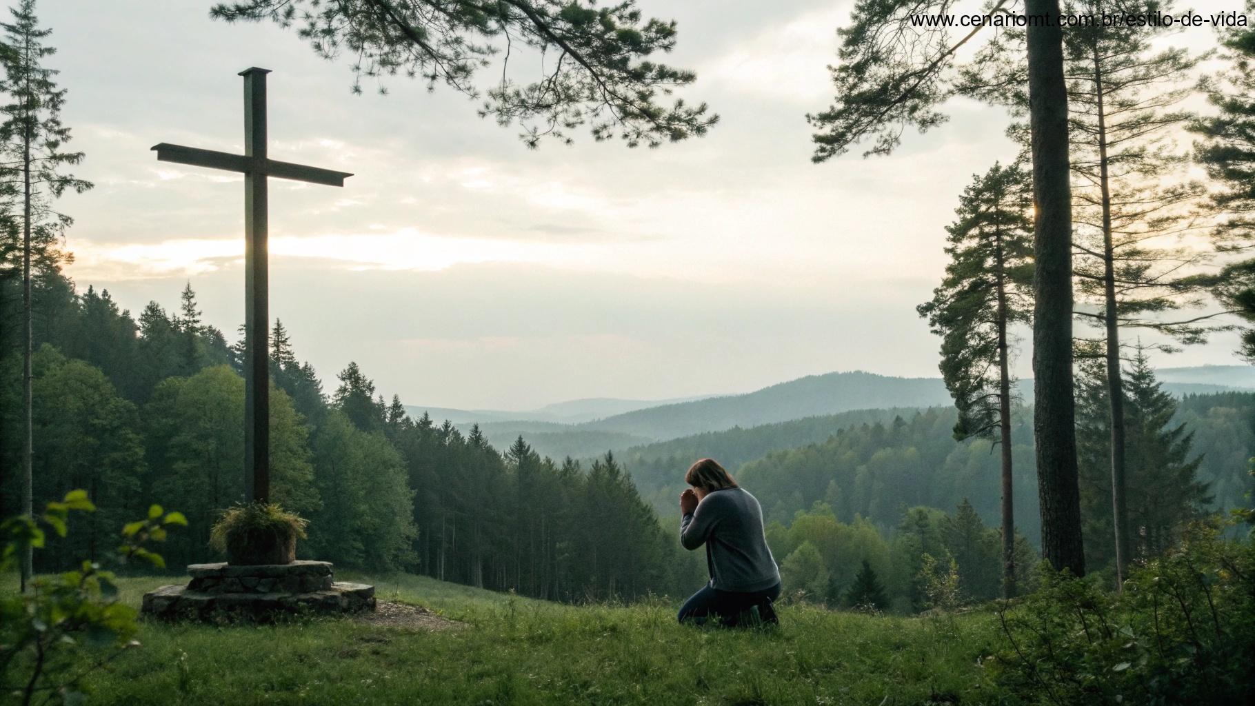 Uma cena de natureza pacífica com uma pessoa orando diante de uma cruz, refletindo sobre os ensinamentos de Deus.