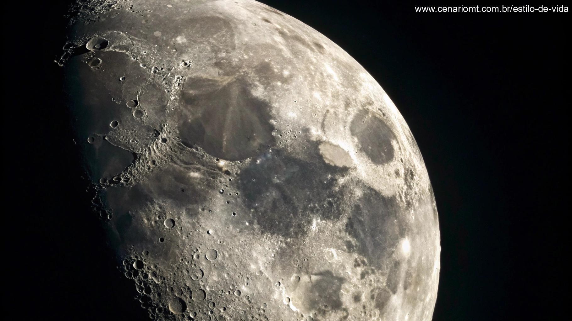 Visualização científica e artística da Lua Gibosa Minguante com superfície detalhada.