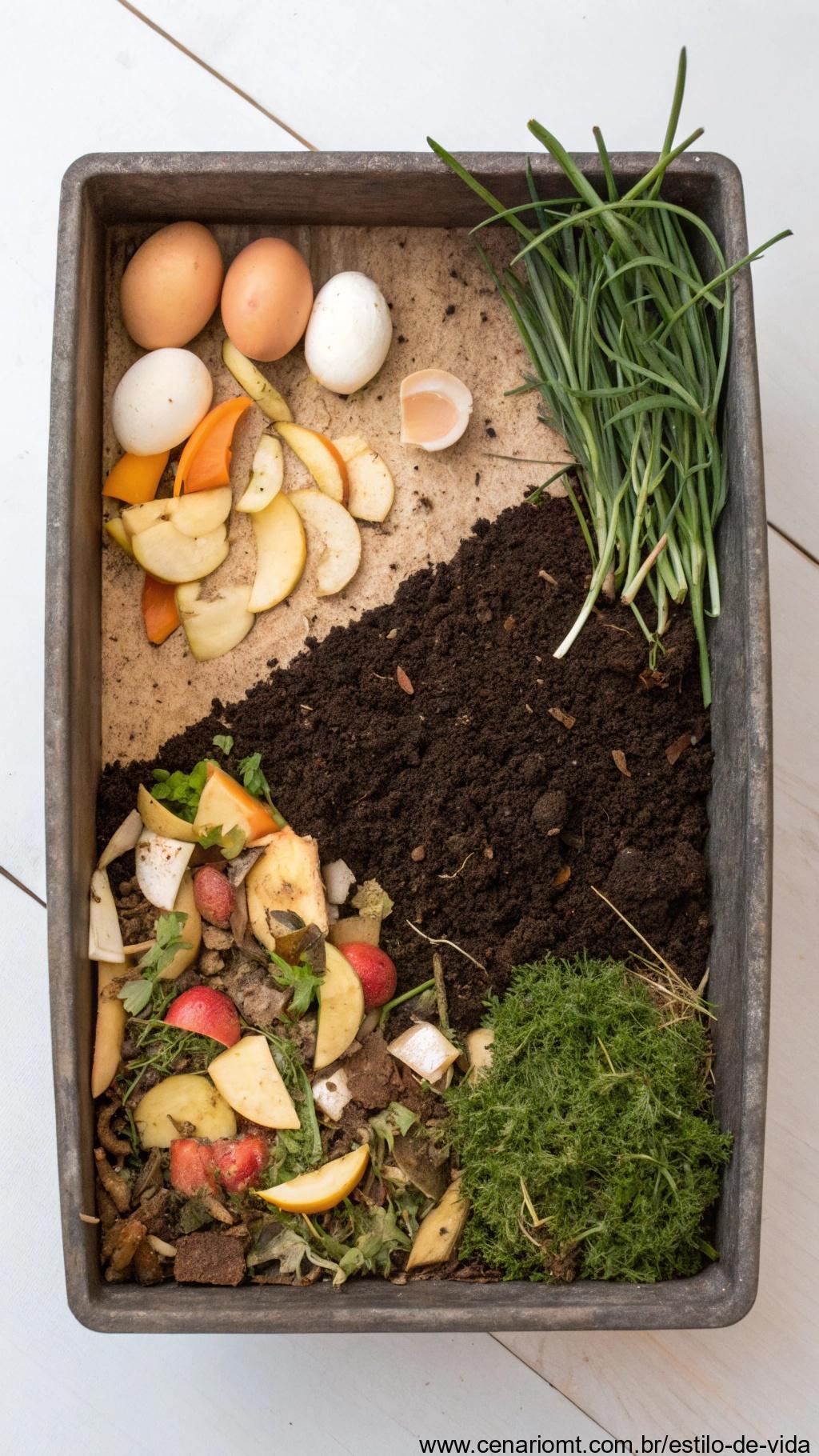 Infográfico ilustrando o processo de compostagem de resíduos orgânicos.