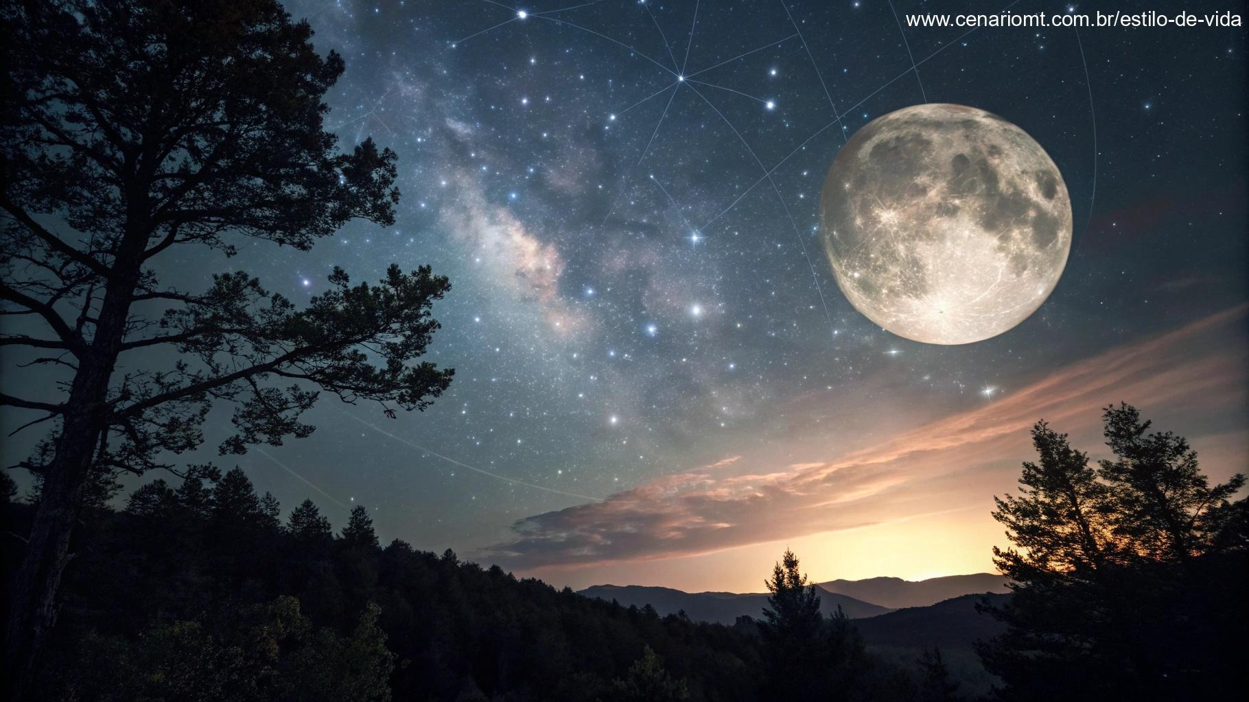 Ilustração mística representando a fase da Lua Nova, com um céu escuro e uma lua sutilmente visível.
