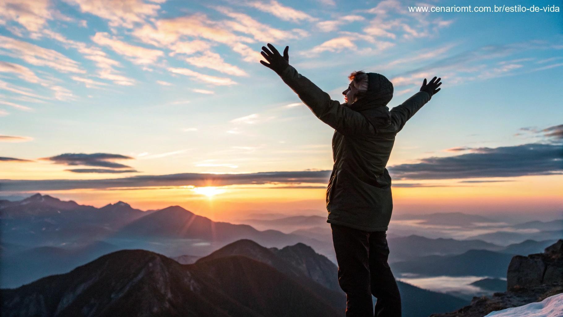 Pessoa em um pico de montanha ao amanhecer, com as mãos erguidas em gesto de força e gratidão, simbolizando a força diária encontrada no Salmo.