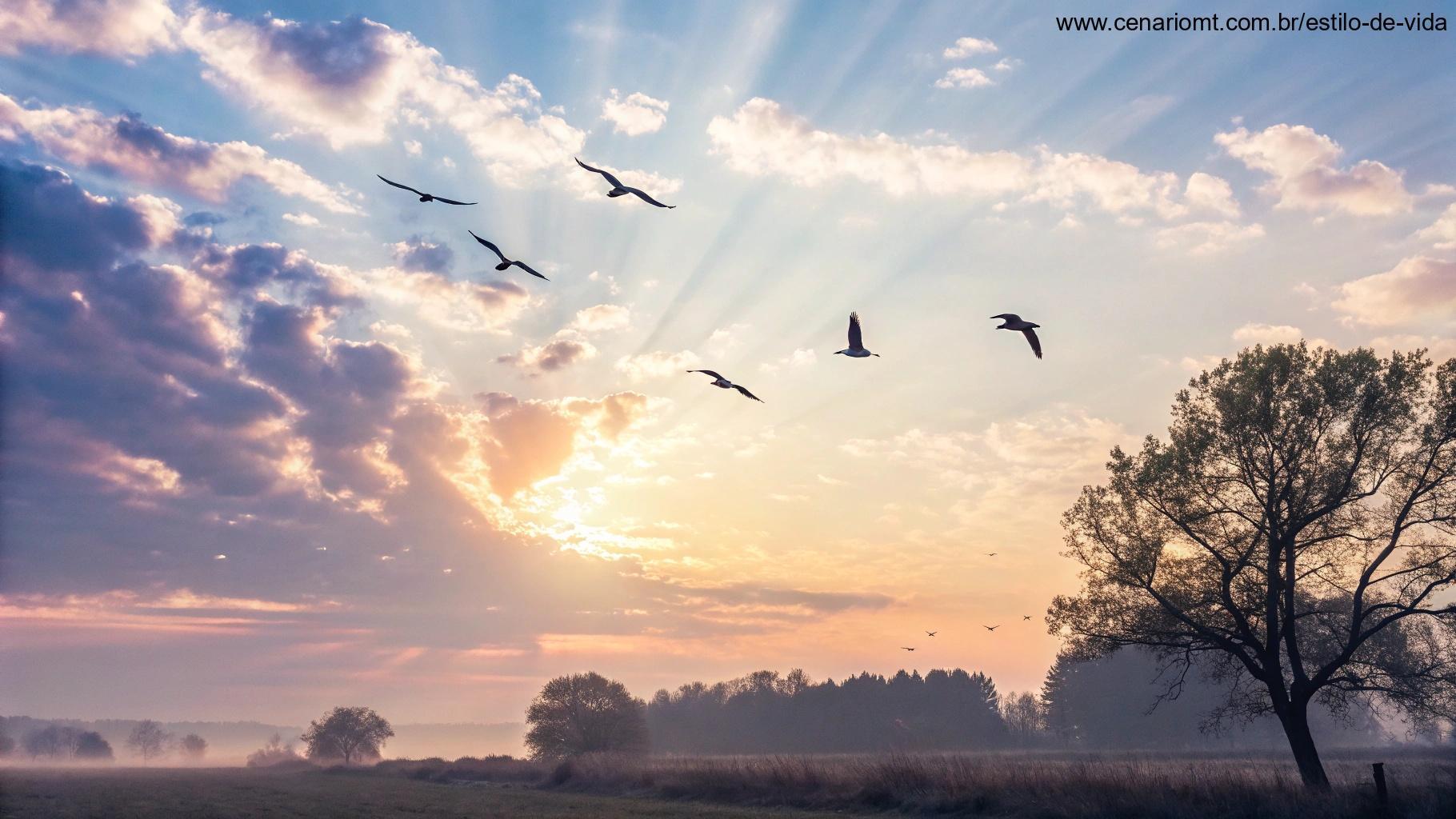Um céu claro ao amanhecer com aves voando, simbolizando esperança e renovação, evocando sentimentos de despertar espiritual.