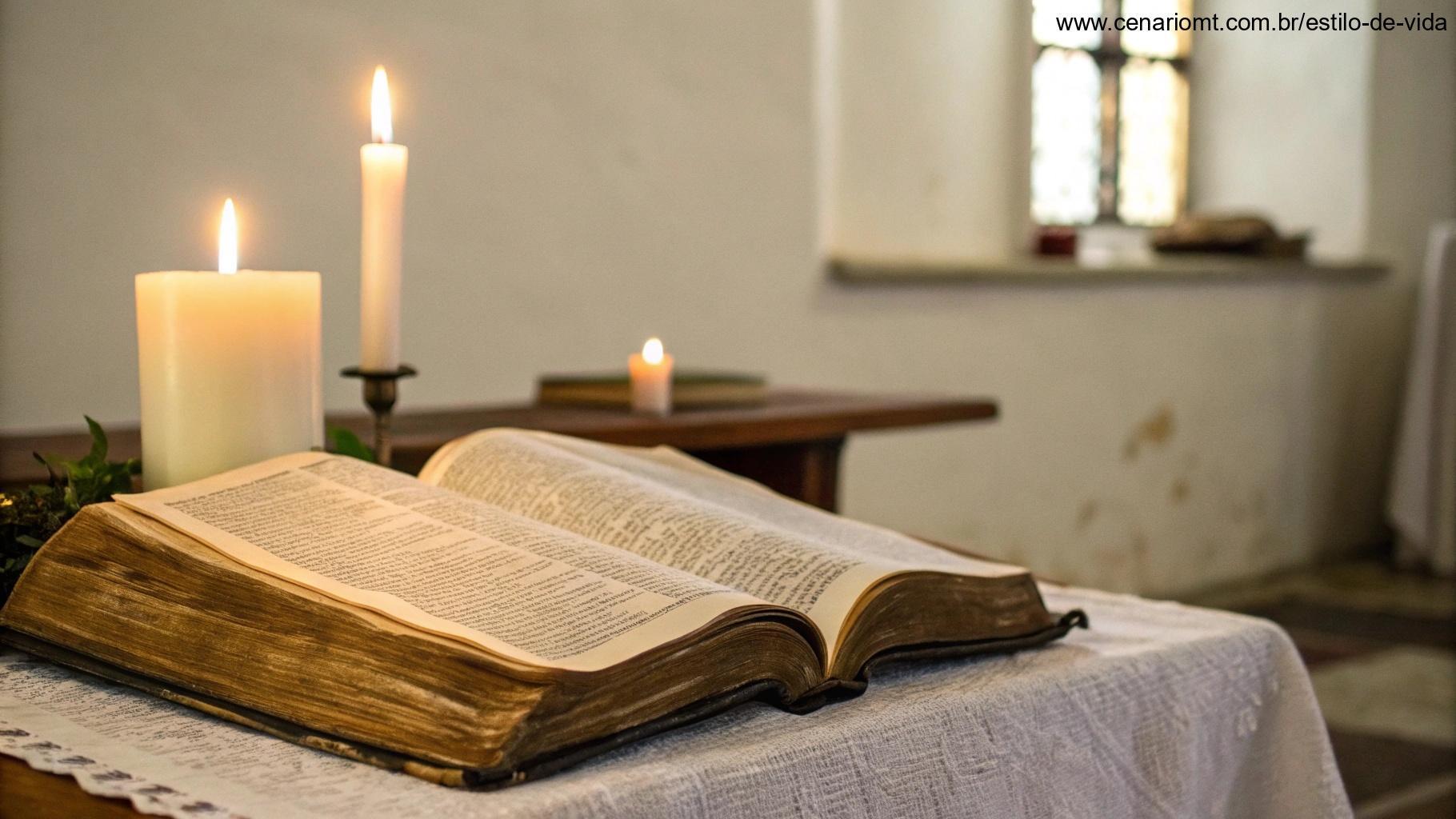 Bíblia aberta com páginas ligeiramente viradas, mostrando um versículo do Salmo, iluminada por uma luz suave de velas.