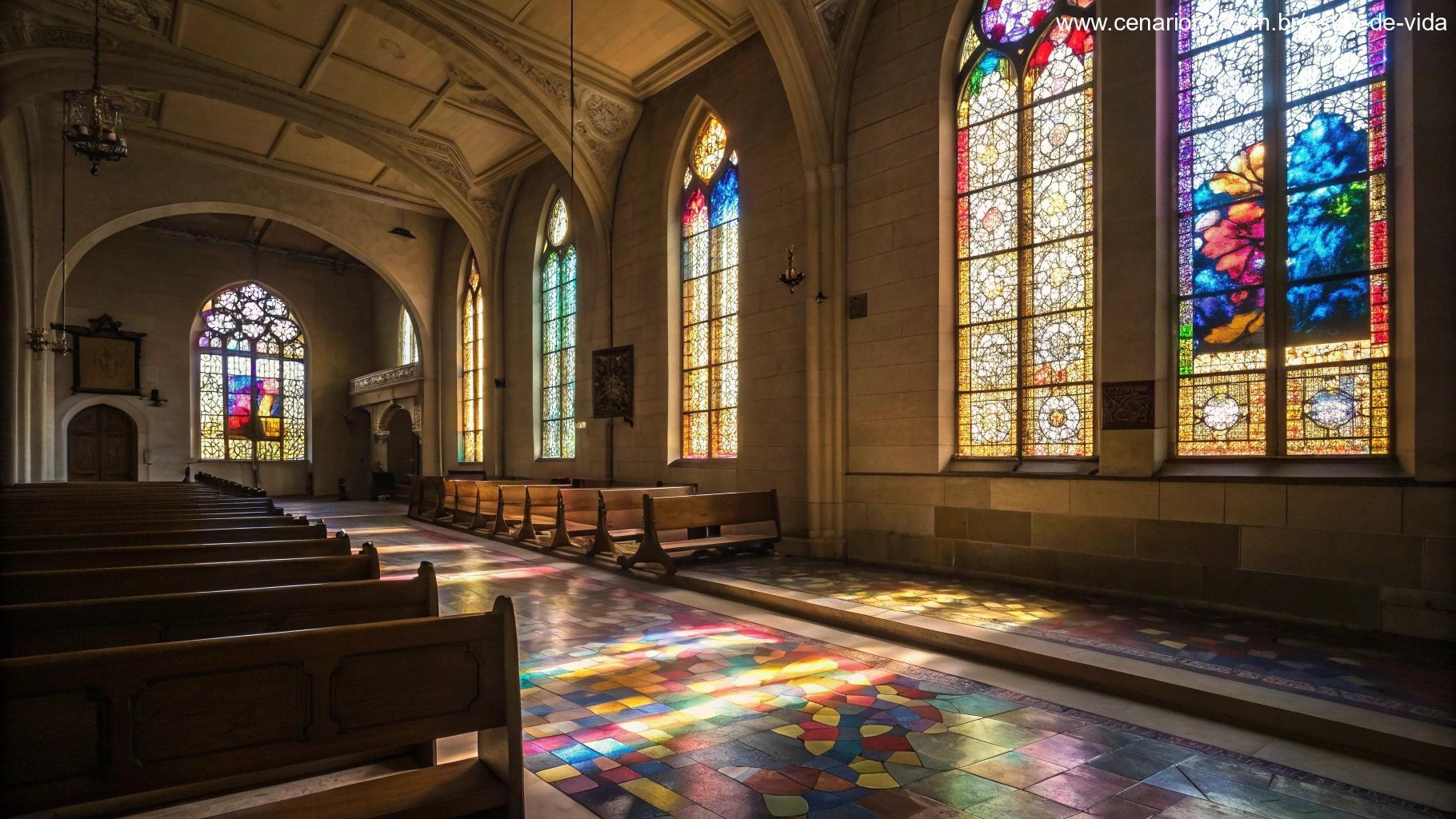 Cena serena do interior de uma igreja com vitrais, com luz suave filtrando, criando uma atmosfera pacífica para oração e reflexão.